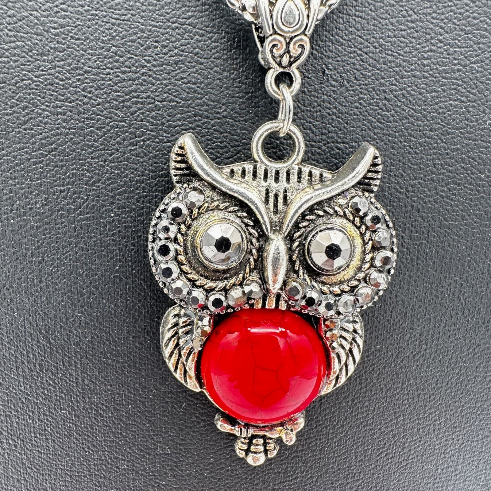 Vintage Owl Pendant Necklace w/ Red Stone – Boho Statement Y2K Jewelry - Thumbnail 3