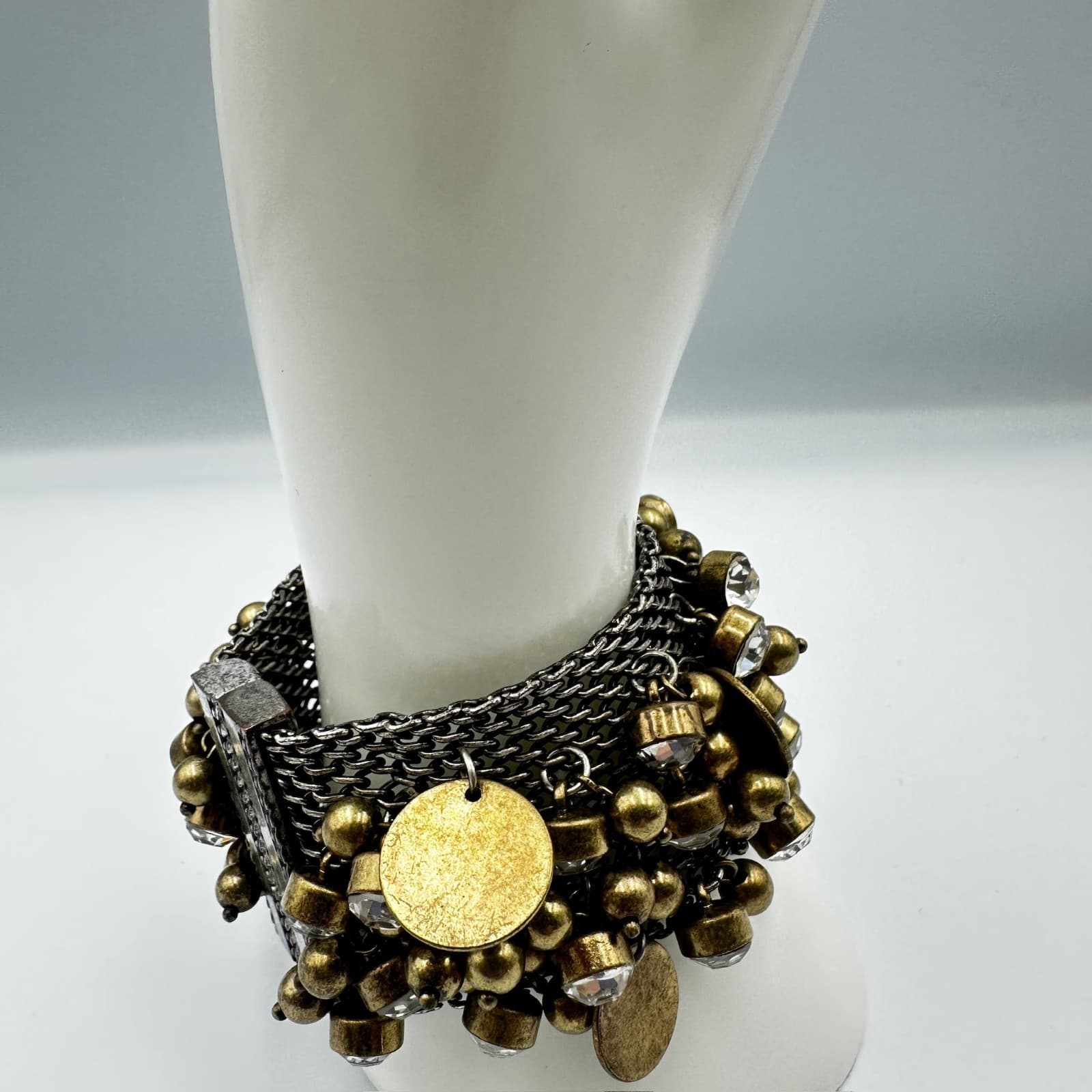 Chunky Antique Gold & Gunmetal Charm Cuff – Multi-Chain Statement Bracelet - Thumbnail 3