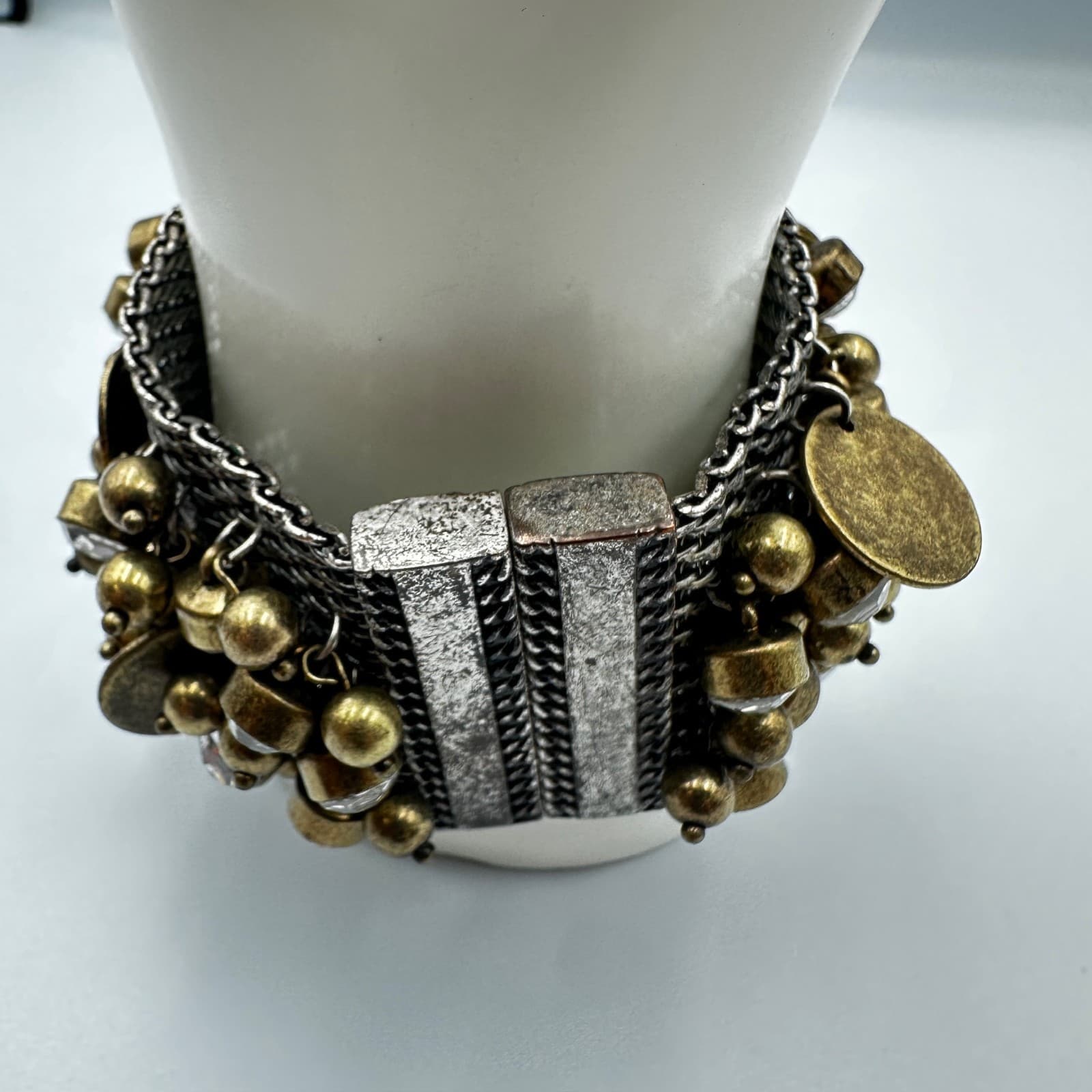 Chunky Antique Gold & Gunmetal Charm Cuff – Multi-Chain Statement Bracelet - Thumbnail 8
