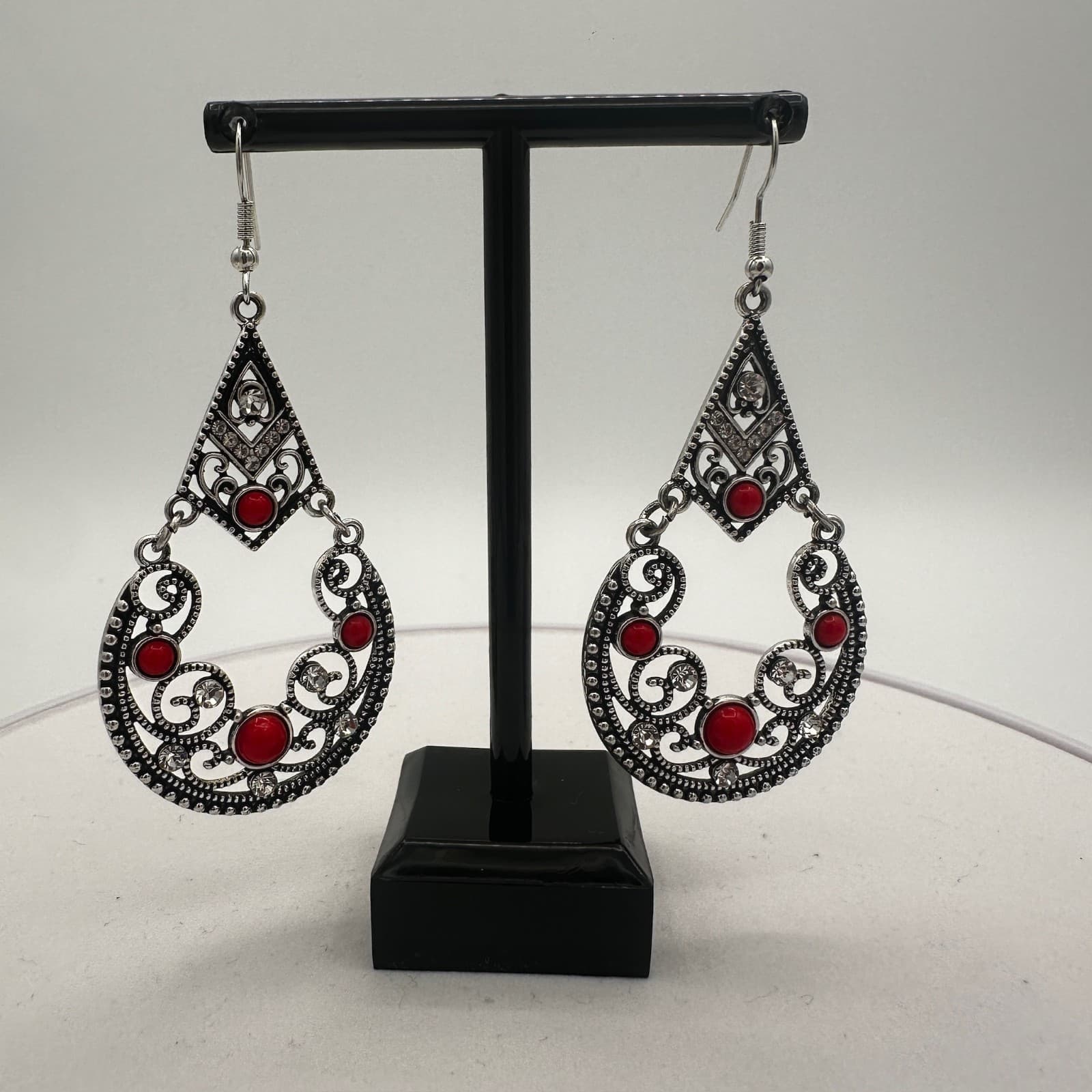 Vintage Silver-Tone Filigree Red Stone Chandelier Earrings Boho Gothic