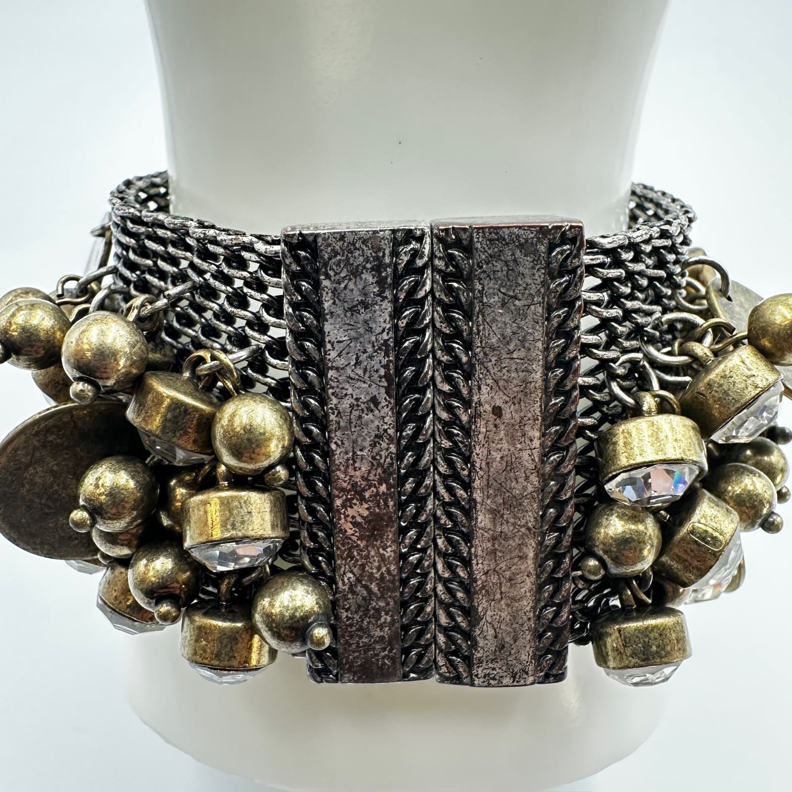 Chunky Antique Gold & Gunmetal Charm Cuff – Multi-Chain Statement Bracelet - Thumbnail 5