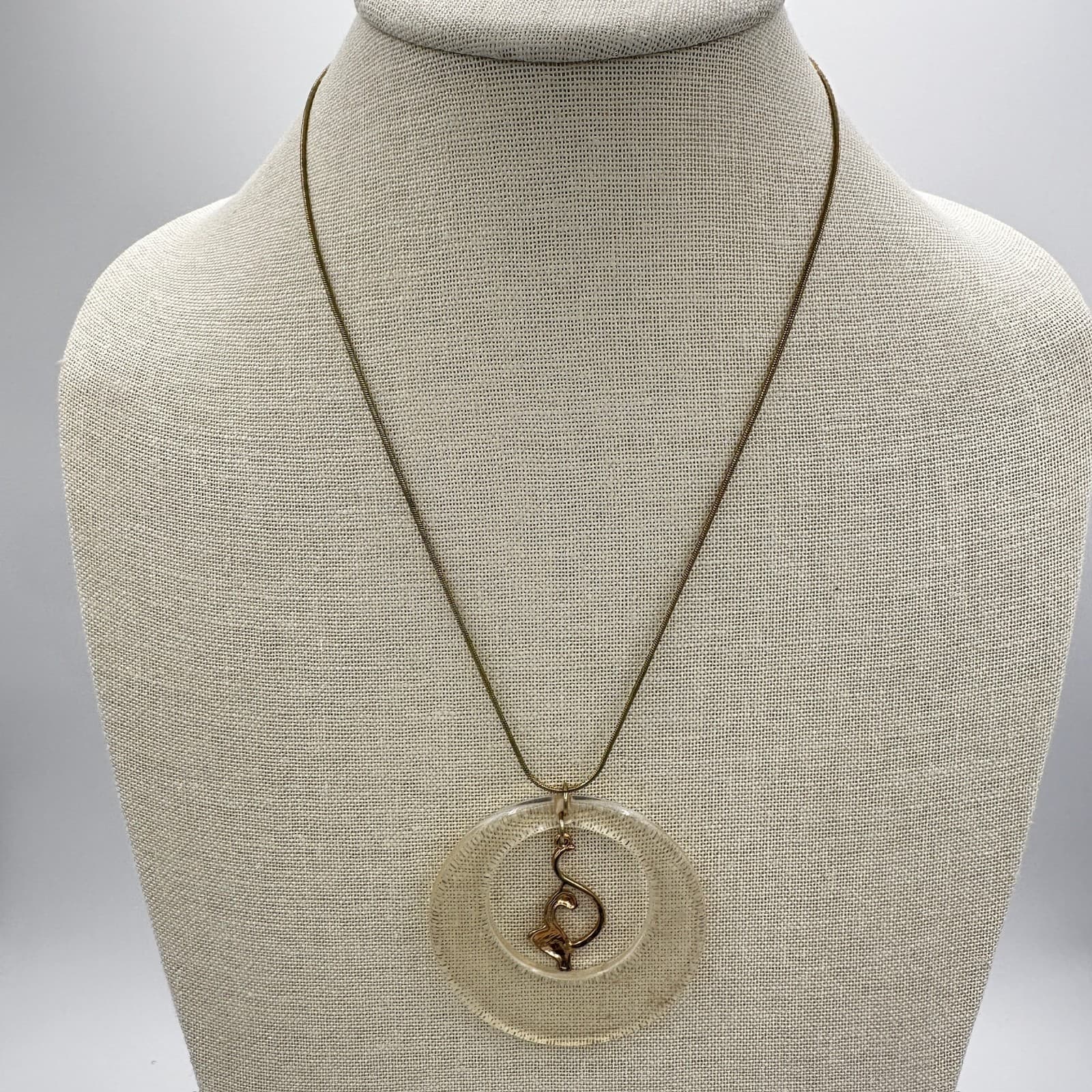 Vintage Clear Circle Pendant Necklace w/ Gold Flamingo Mid-Century Mod