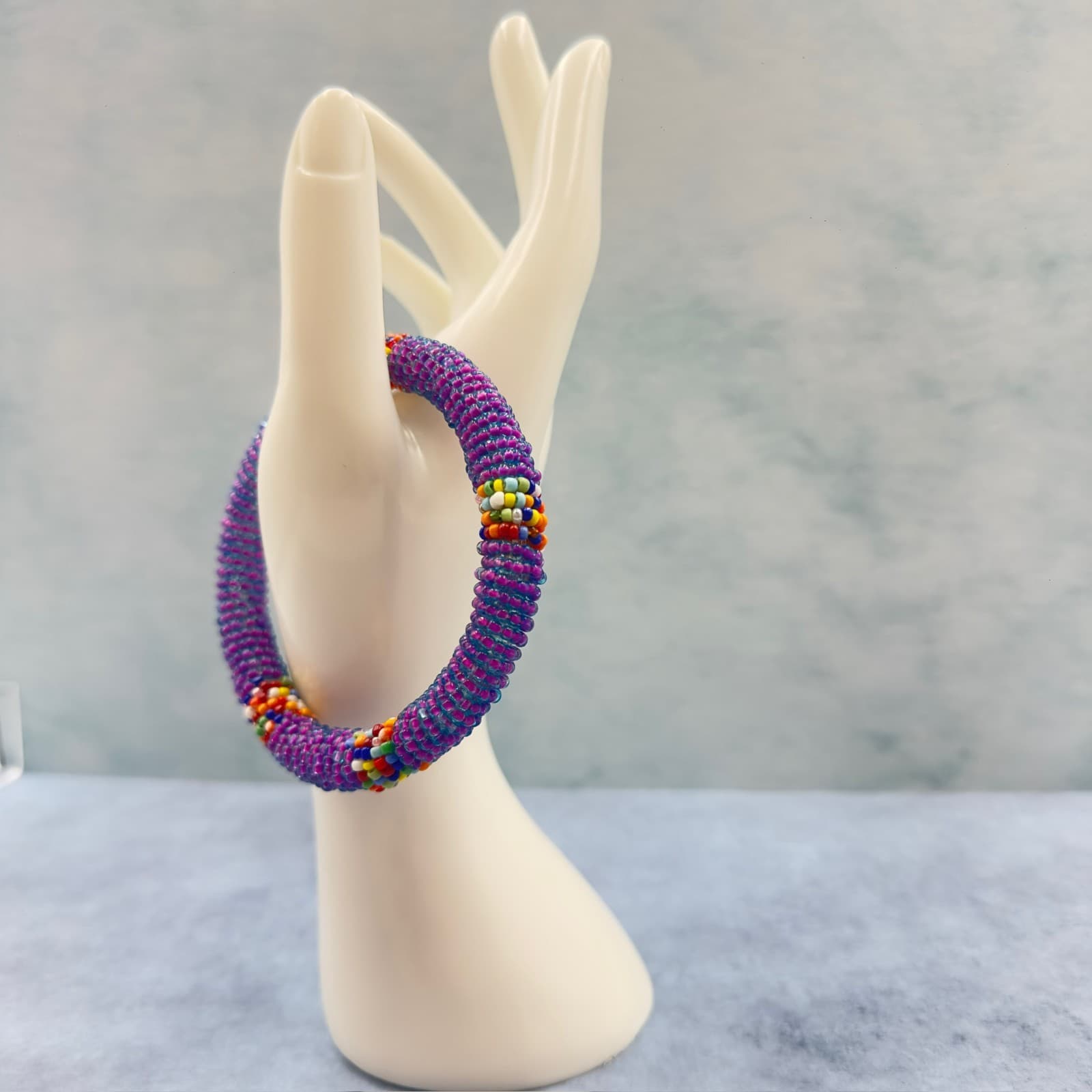 Purple Beaded Rope Bracelet w/ Multi-Color Accents Boho Artisan Style