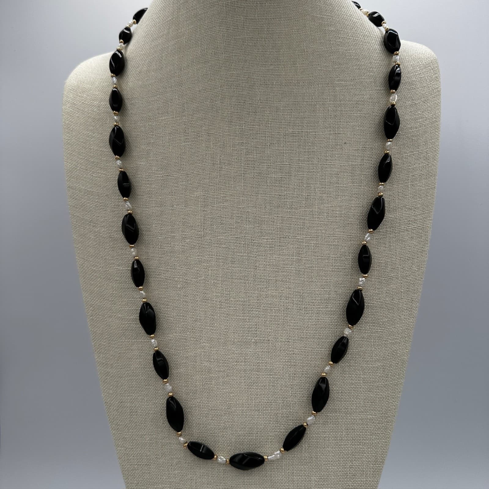 Vintage Black Faceted Bead Necklace w/ Gold Accents Elegant Style