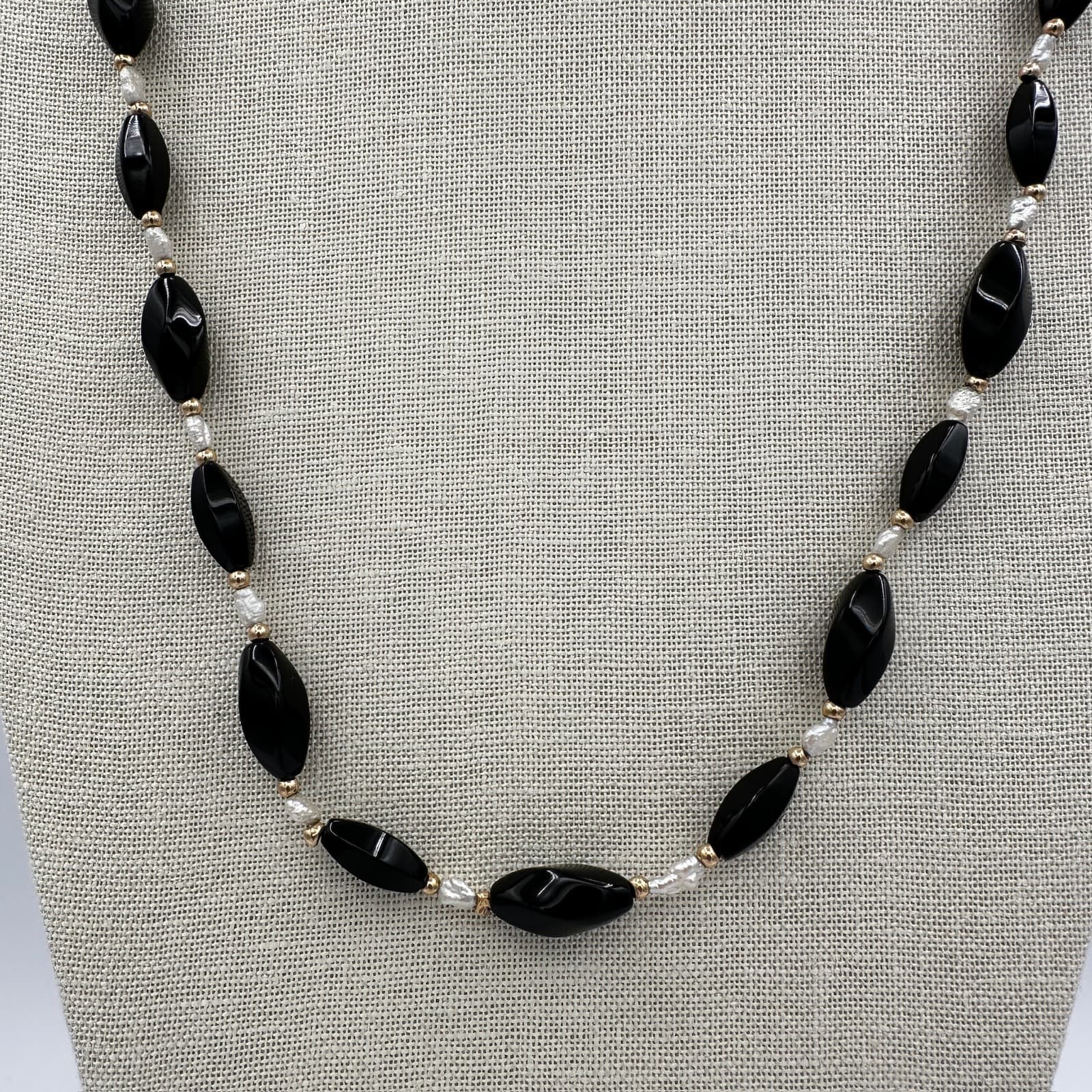 Vintage Black Faceted Bead Necklace w/ Gold Accents Elegant Style - Thumbnail 2