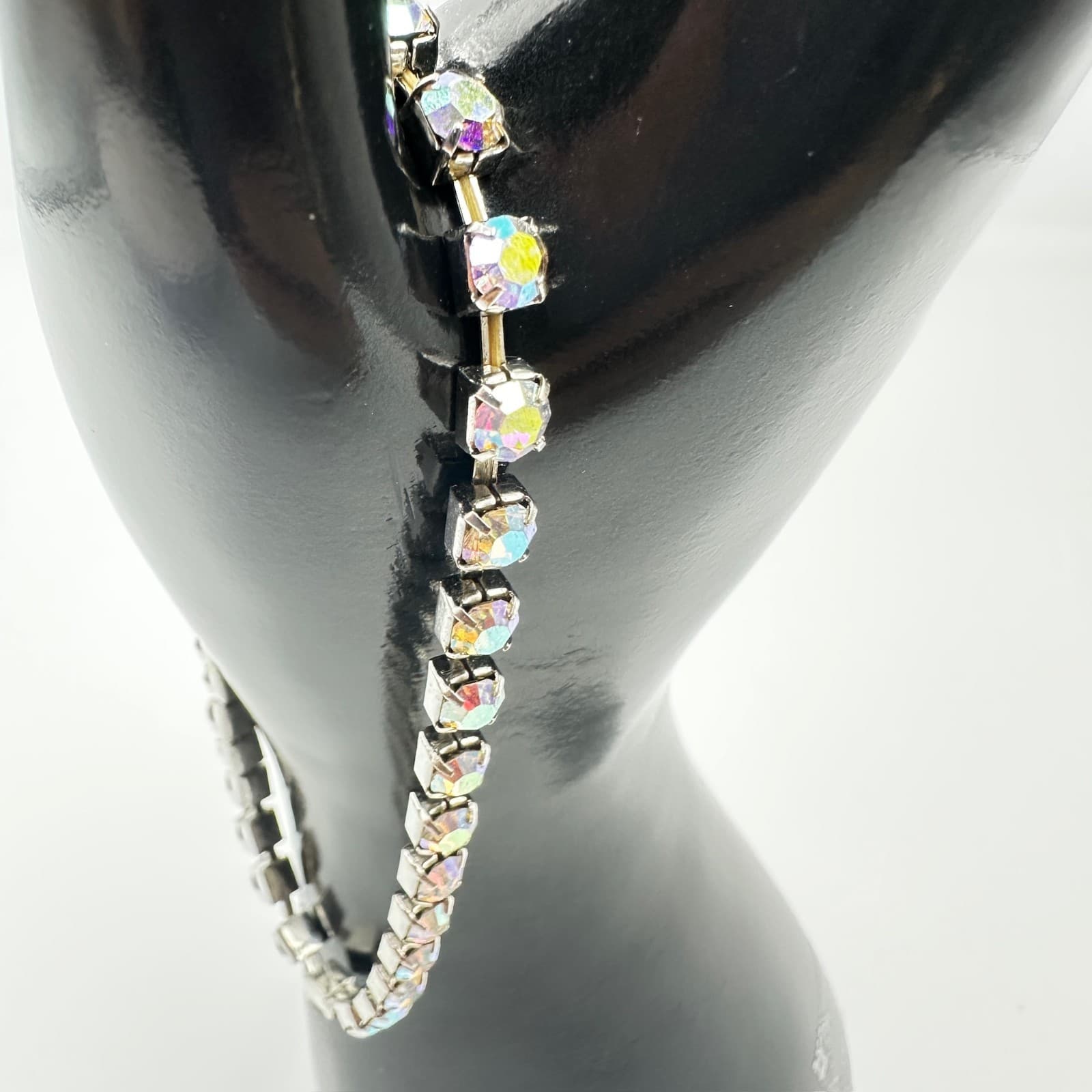 Silver Tone Aurora Borealis Rhinestone Tennis Bracelet Y2K Sparkle - Thumbnail 4