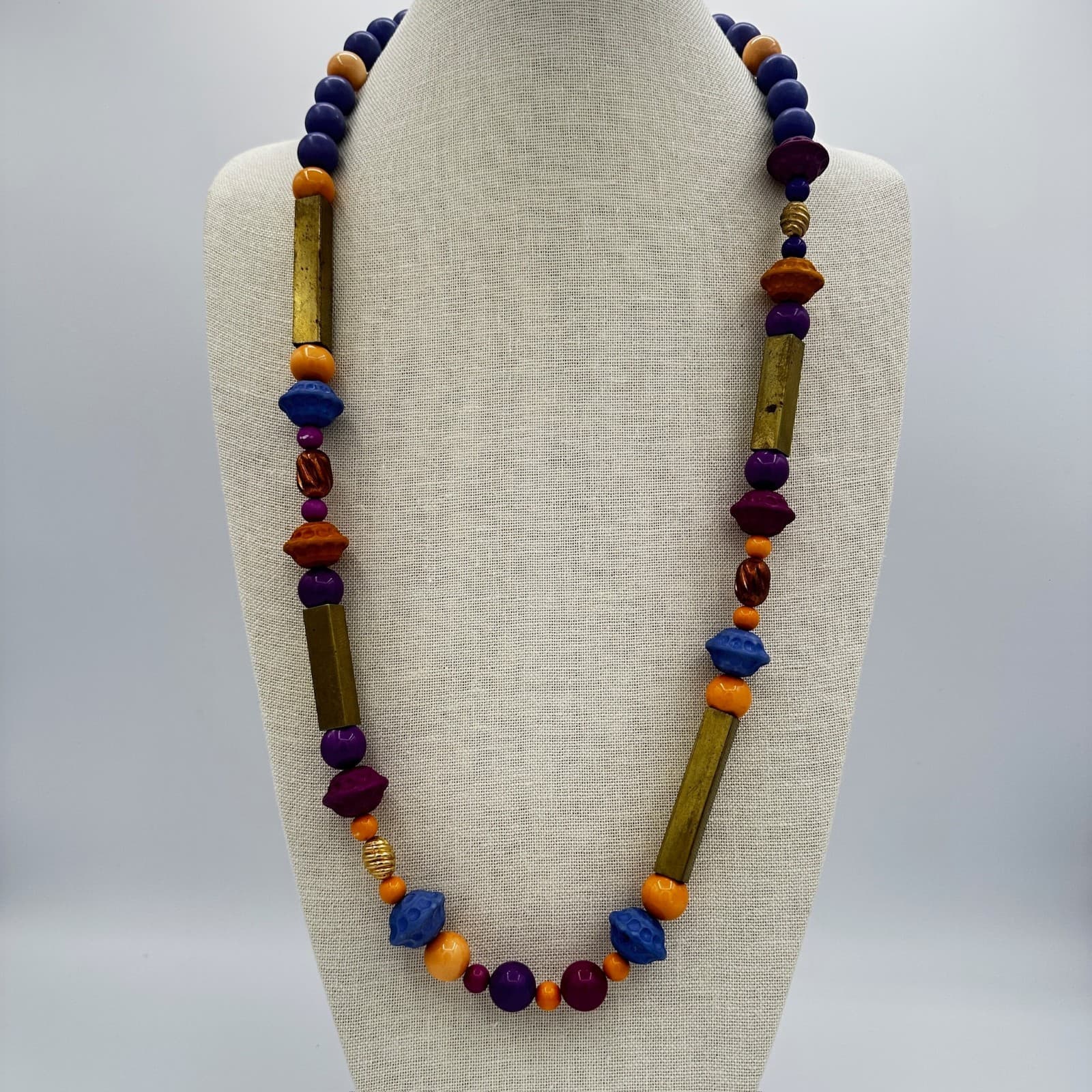 Boho Mixed Bead Long Necklace in Blue Purple & Gold Artisanal Style