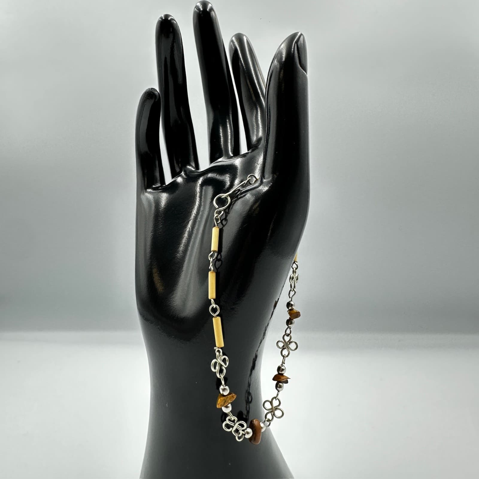 Tiger’s Eye & Silver-Tone Handmade Link Bracelet – Boho Natural Gem Charm