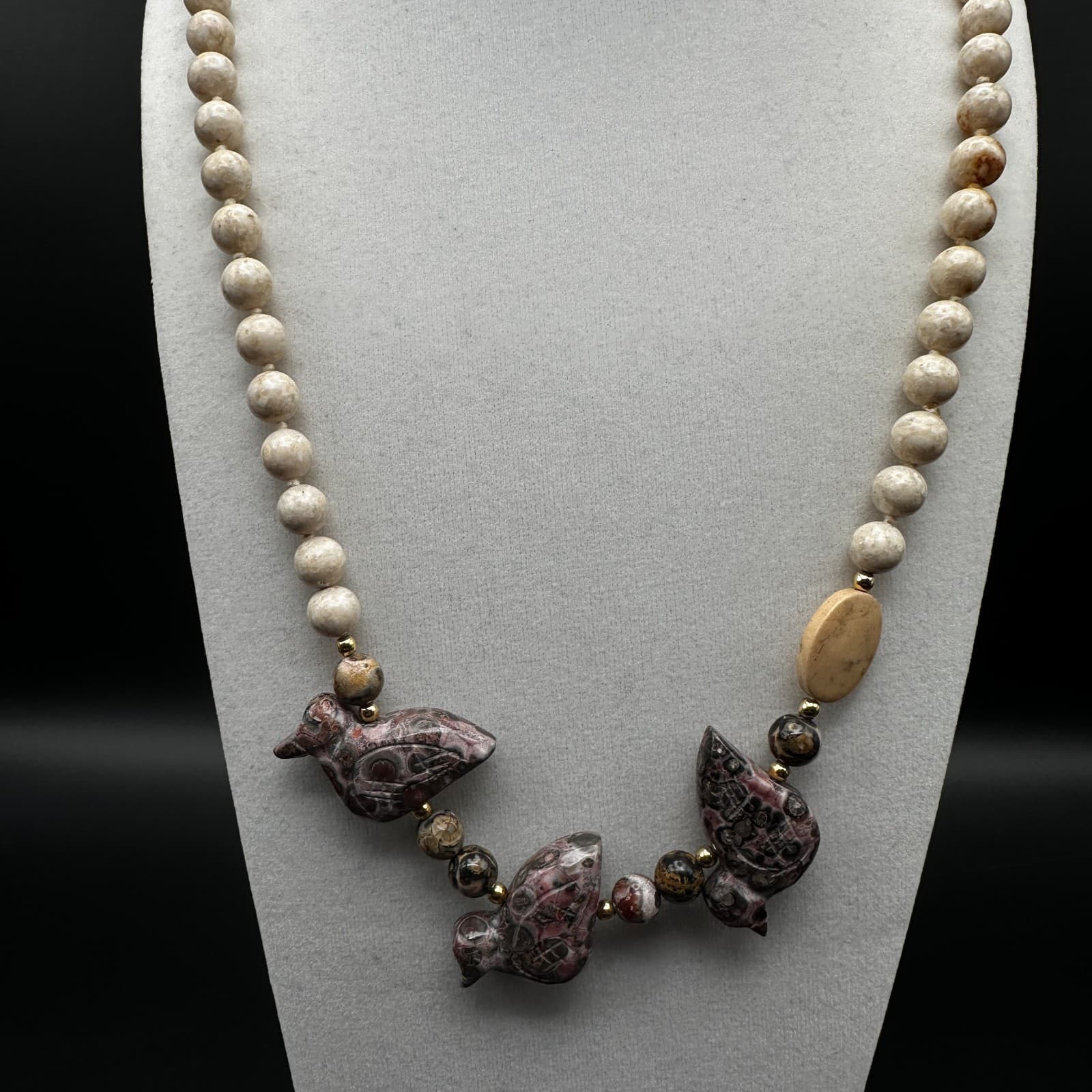 Vintage 90s Jasper Bird Fetish Necklace Multi-Stone Beaded Boho Women's Jewelry