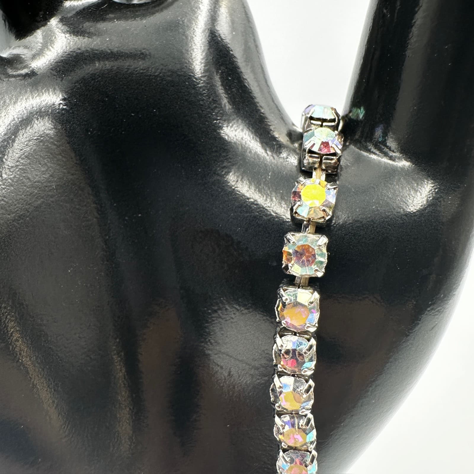 Silver Tone Aurora Borealis Rhinestone Tennis Bracelet Y2K Sparkle - Thumbnail 5