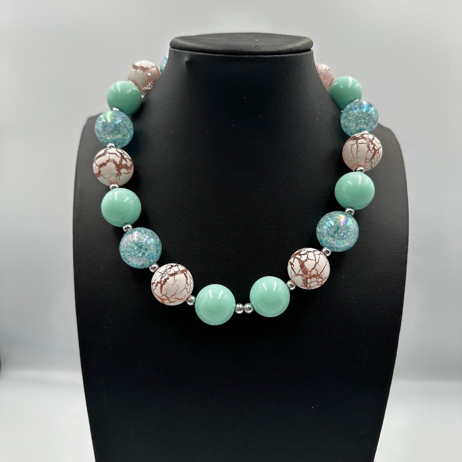 Chunky Mint Green Crackle Glass Bead Boho Statement Necklace Artisan Style