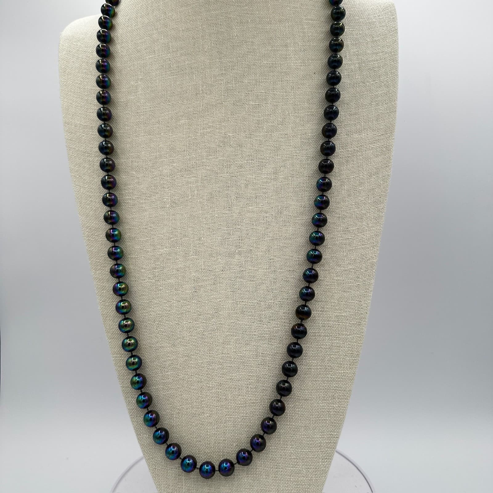 Vintage Iridescent Dark Glass Bead Necklace Long Boho Gothic Glow