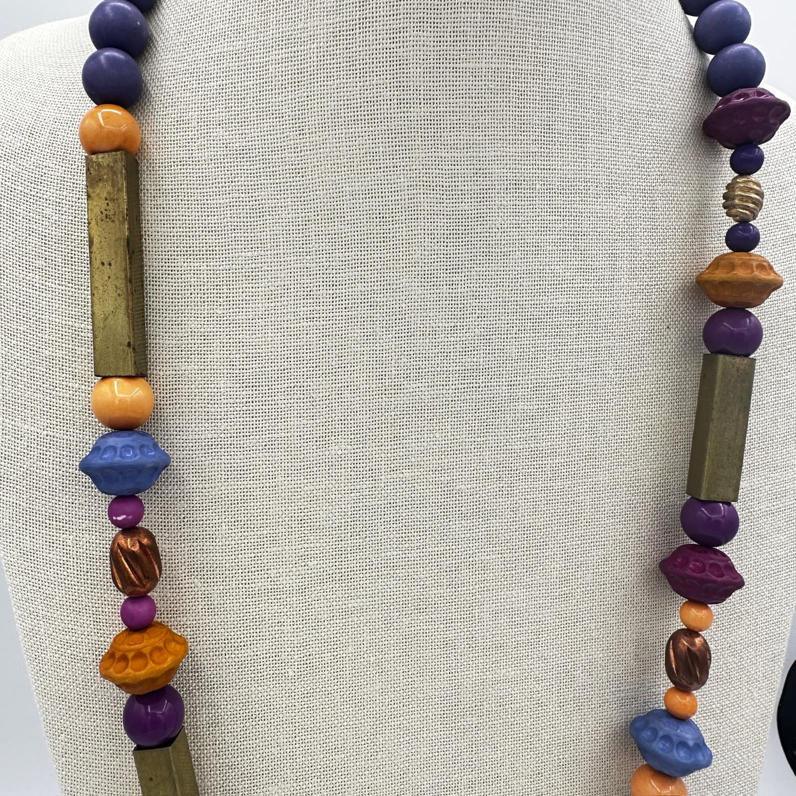 Boho Mixed Bead Long Necklace in Blue Purple & Gold Artisanal Style - Thumbnail 3