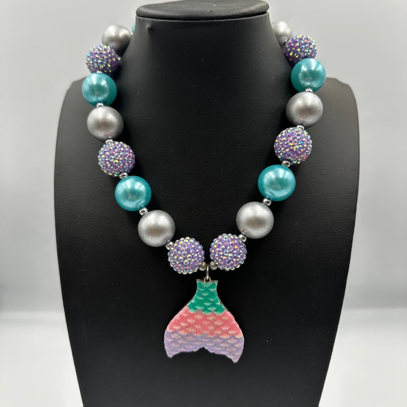 Chunky Bubblegum Bead Mermaid Tail Necklace Aqua Purple Kids Jewelry Gift