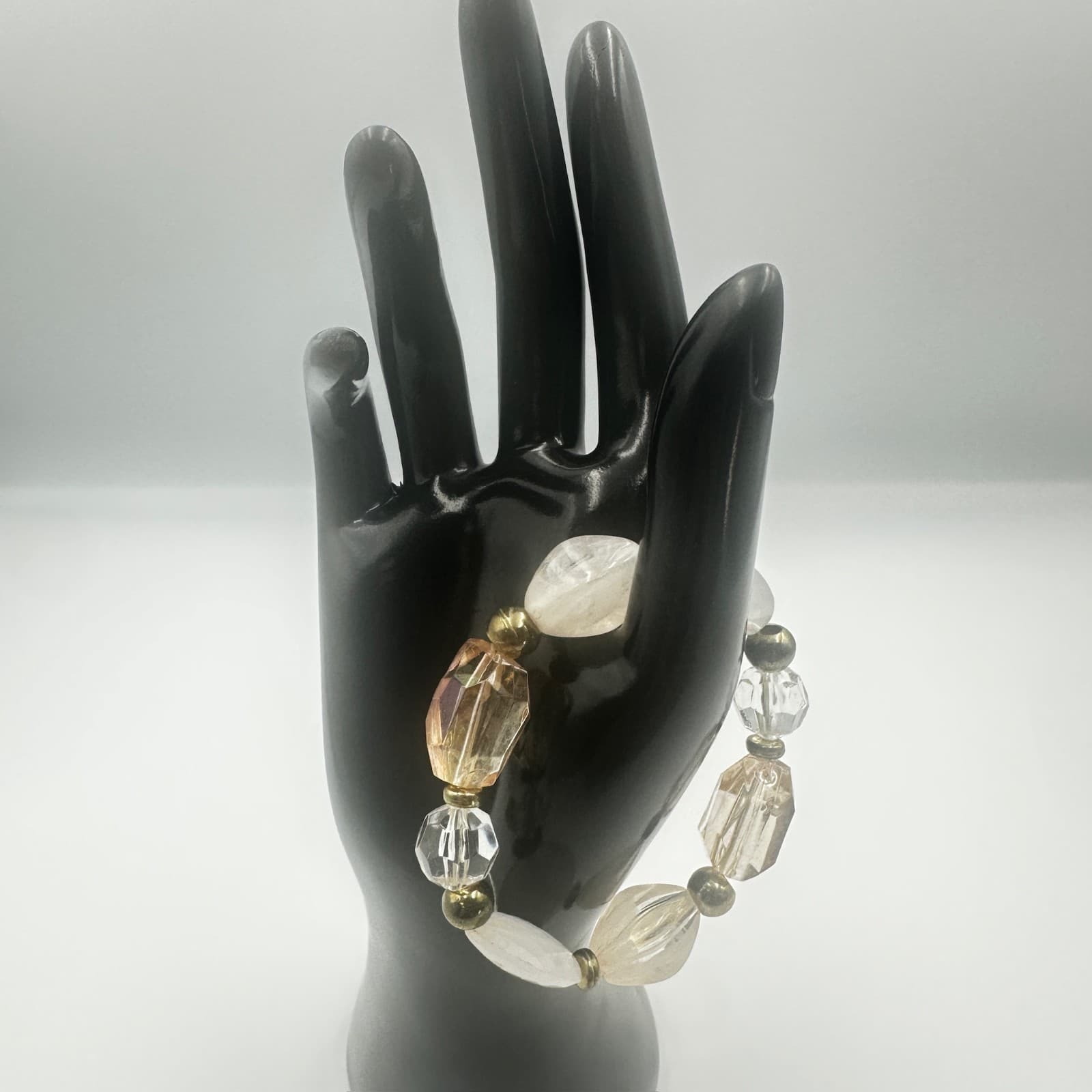 Neutral Faceted Bead Stretch Bracelet w/ Gold Accents Chic Minimalist