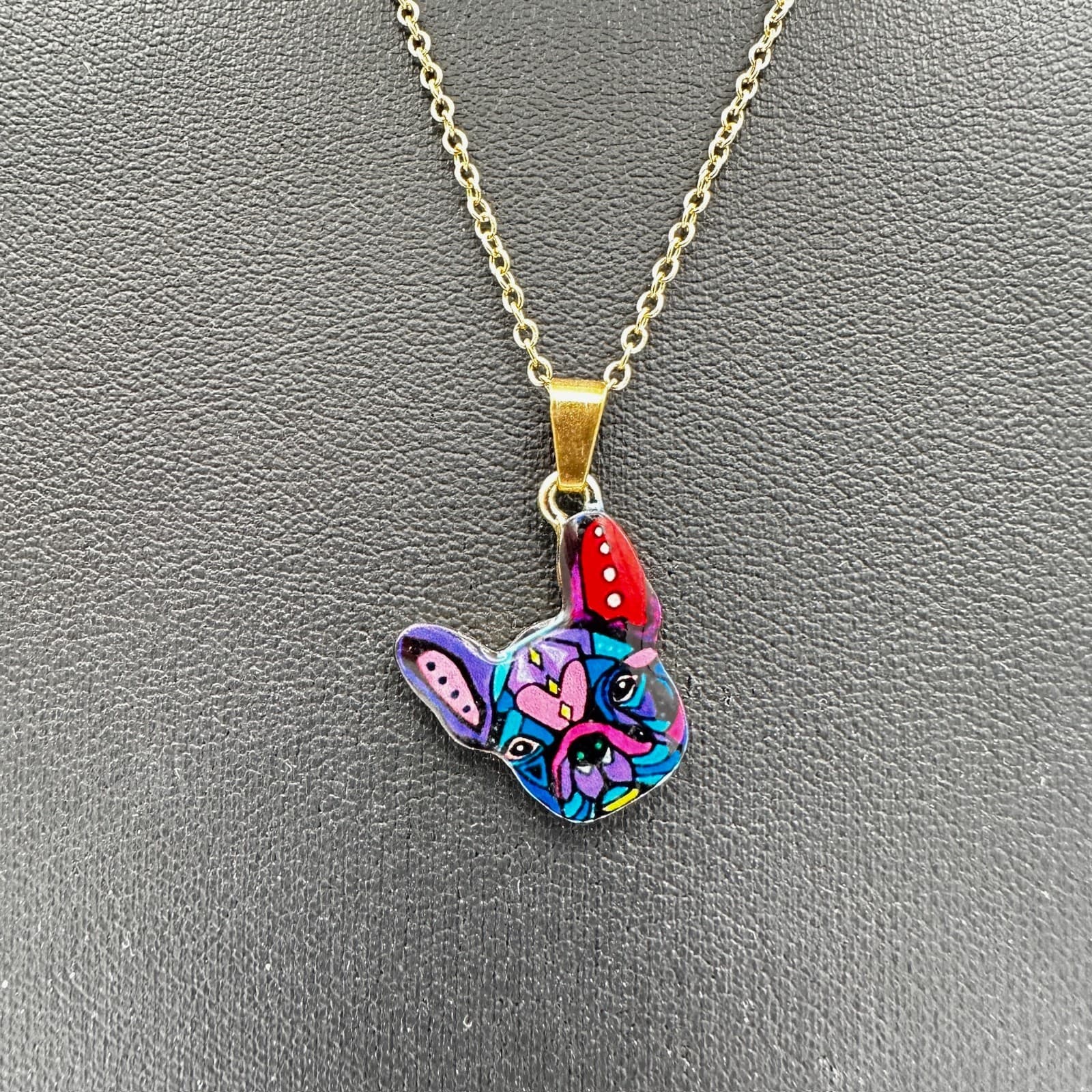 Gold Chain Necklace w/ Colorful Enamel Hand & Heart Pendant