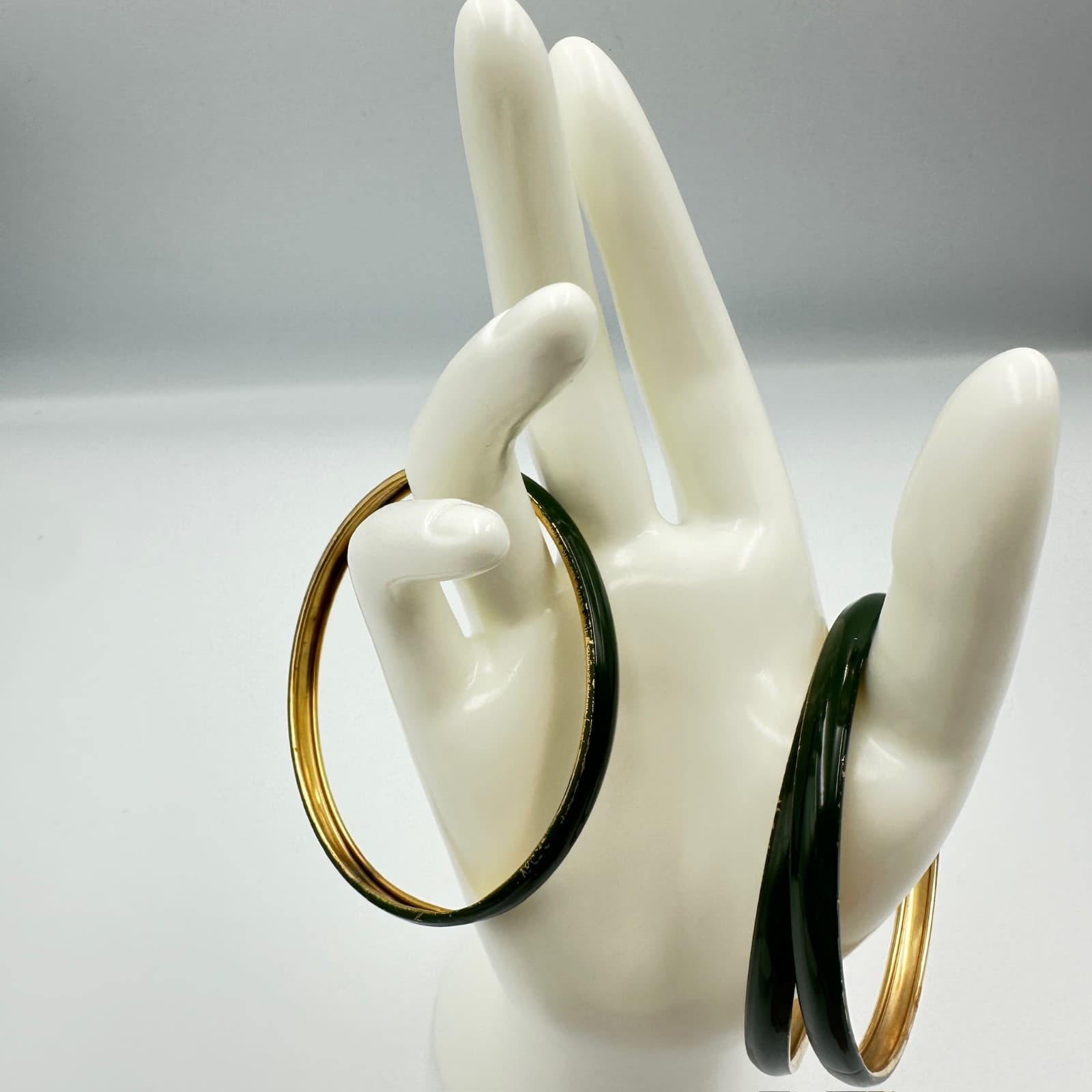 Vintage Green Enamel & Gold-Tone Bangle Bracelet Duo - Thumbnail 4