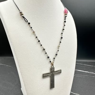 Vintage Silver-Tone Classic Rolo Link Chain Beaded Pendant Crucifix Necklace - Thumbnail 2