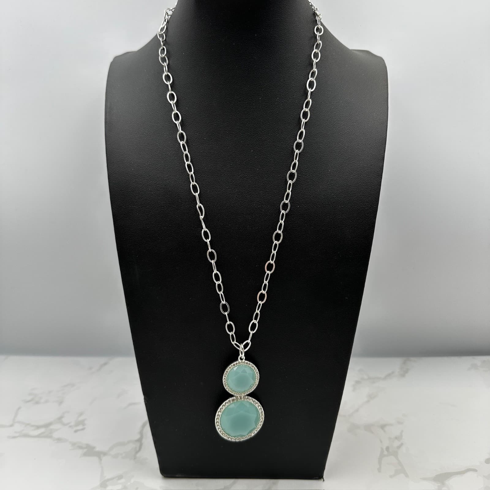 Vintage Rhinestone Aqua Blue Crystal Double Circle Fashion Pendant Necklace