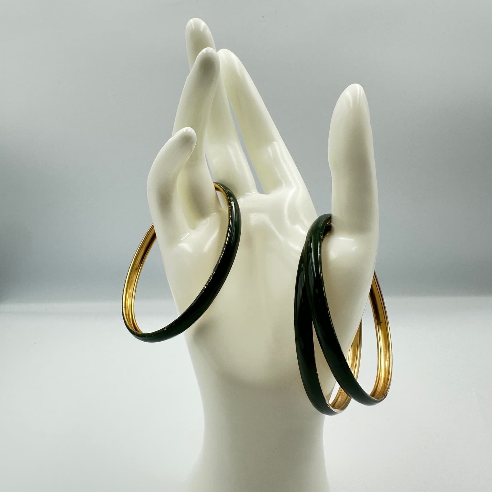 Vintage Green Enamel & Gold-Tone Bangle Bracelet Duo