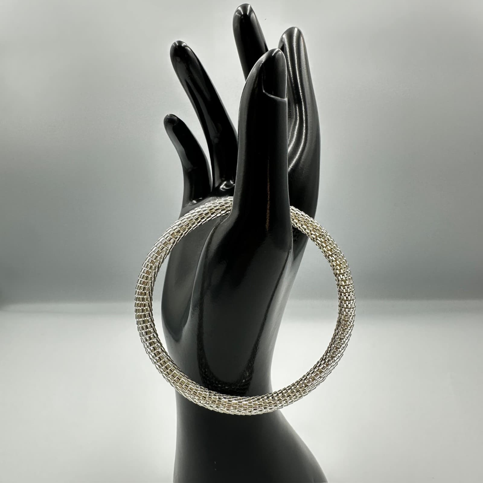Vintage Silver-Tone Wide Mesh Chain Cuff Bracelet Unisex - Thumbnail 2