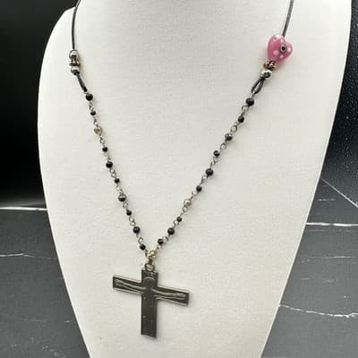 Vintage Silver-Tone Classic Rolo Link Chain Beaded Pendant Crucifix Necklace - Thumbnail 3