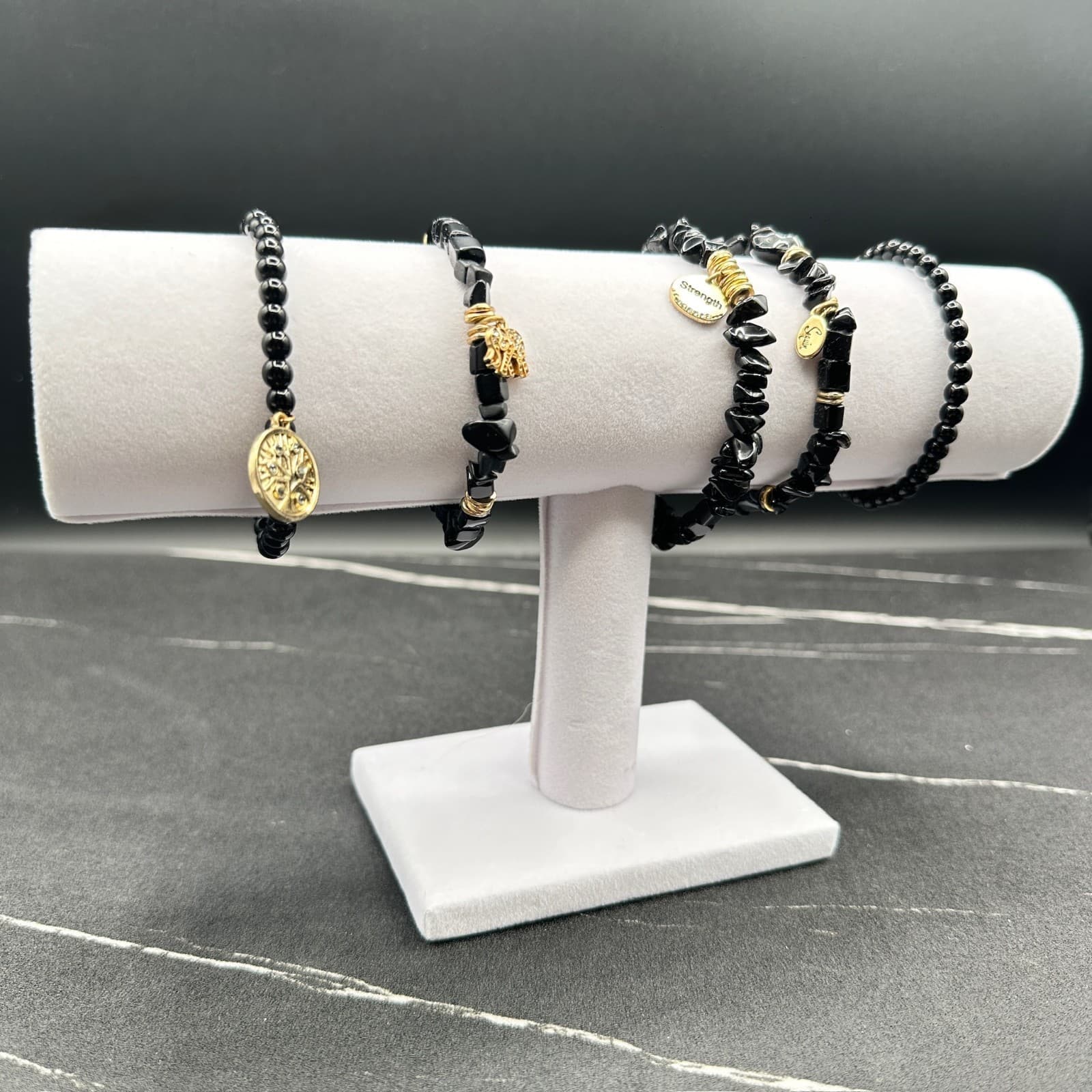 Vintage Black Stones Gold-Tone Fashion Beaded Stretch 5-Pieces Bracelets Set