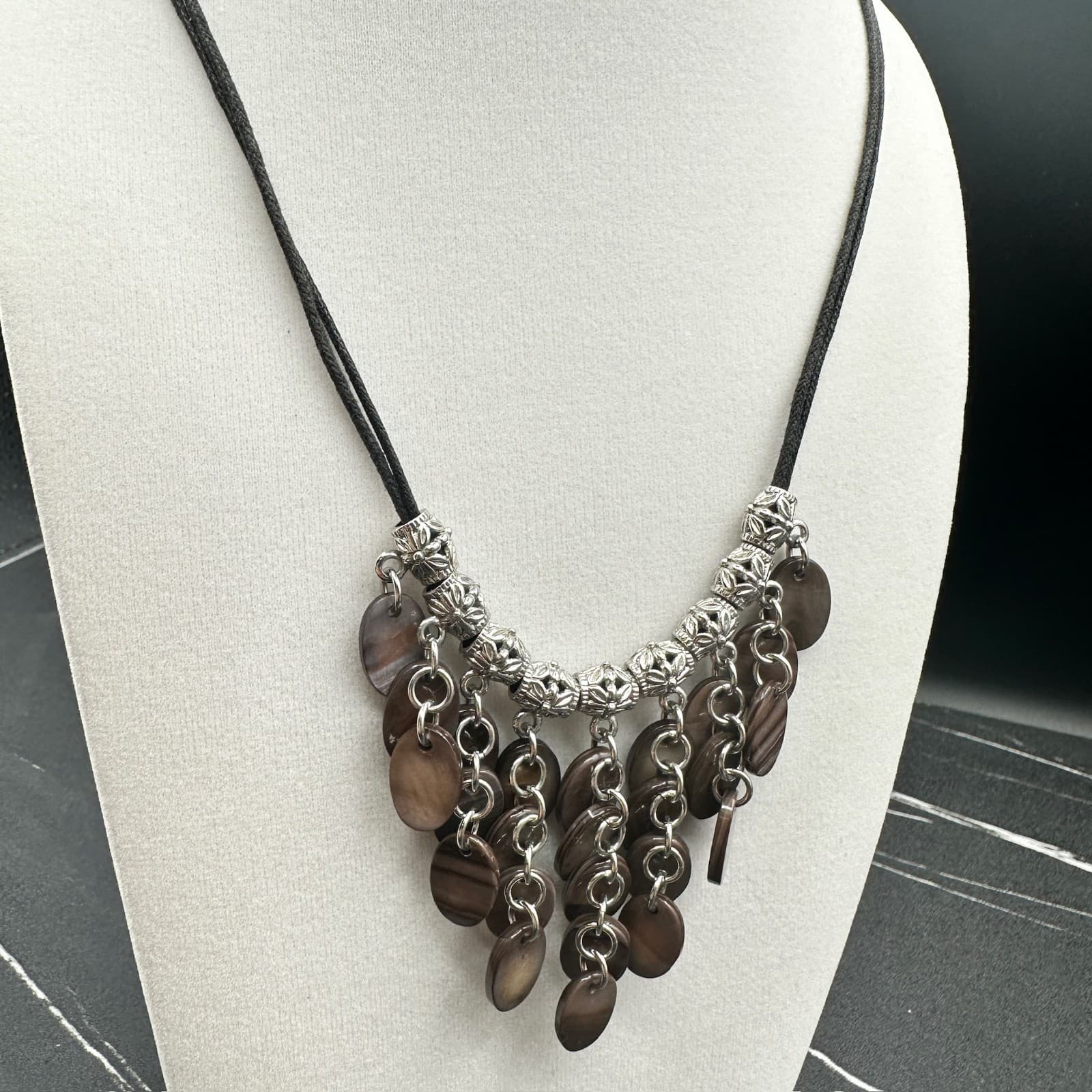 Lia Sophia Brown Mother-of-Pearl Boho Bib Statement Chandelier Lobster Necklace - Thumbnail 3