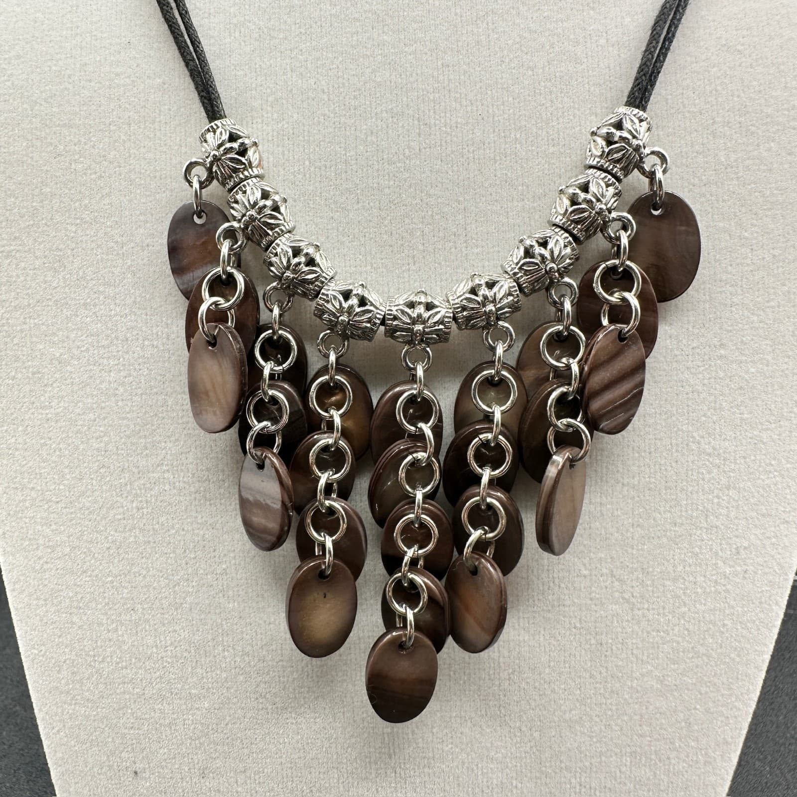 Lia Sophia Brown Mother-of-Pearl Boho Bib Statement Chandelier Lobster Necklace - Thumbnail 2