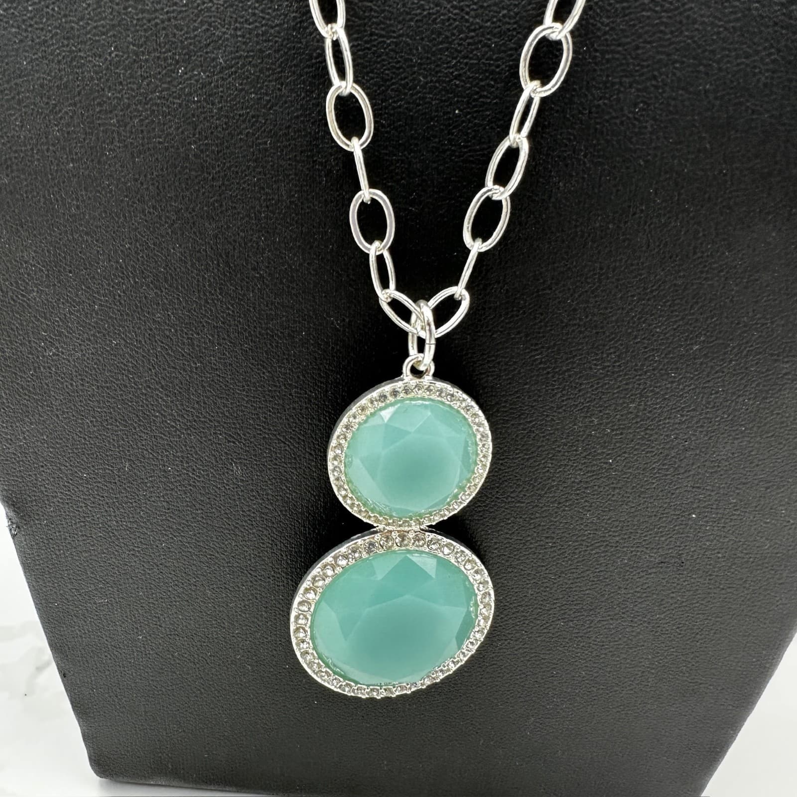 Vintage Rhinestone Aqua Blue Crystal Double Circle Fashion Pendant Necklace - Thumbnail 2