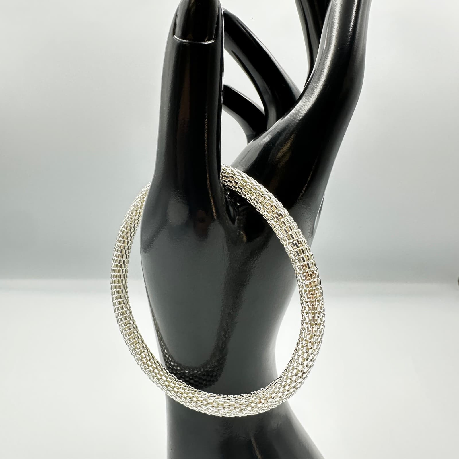 Vintage Silver-Tone Wide Mesh Chain Cuff Bracelet Unisex - Thumbnail 3