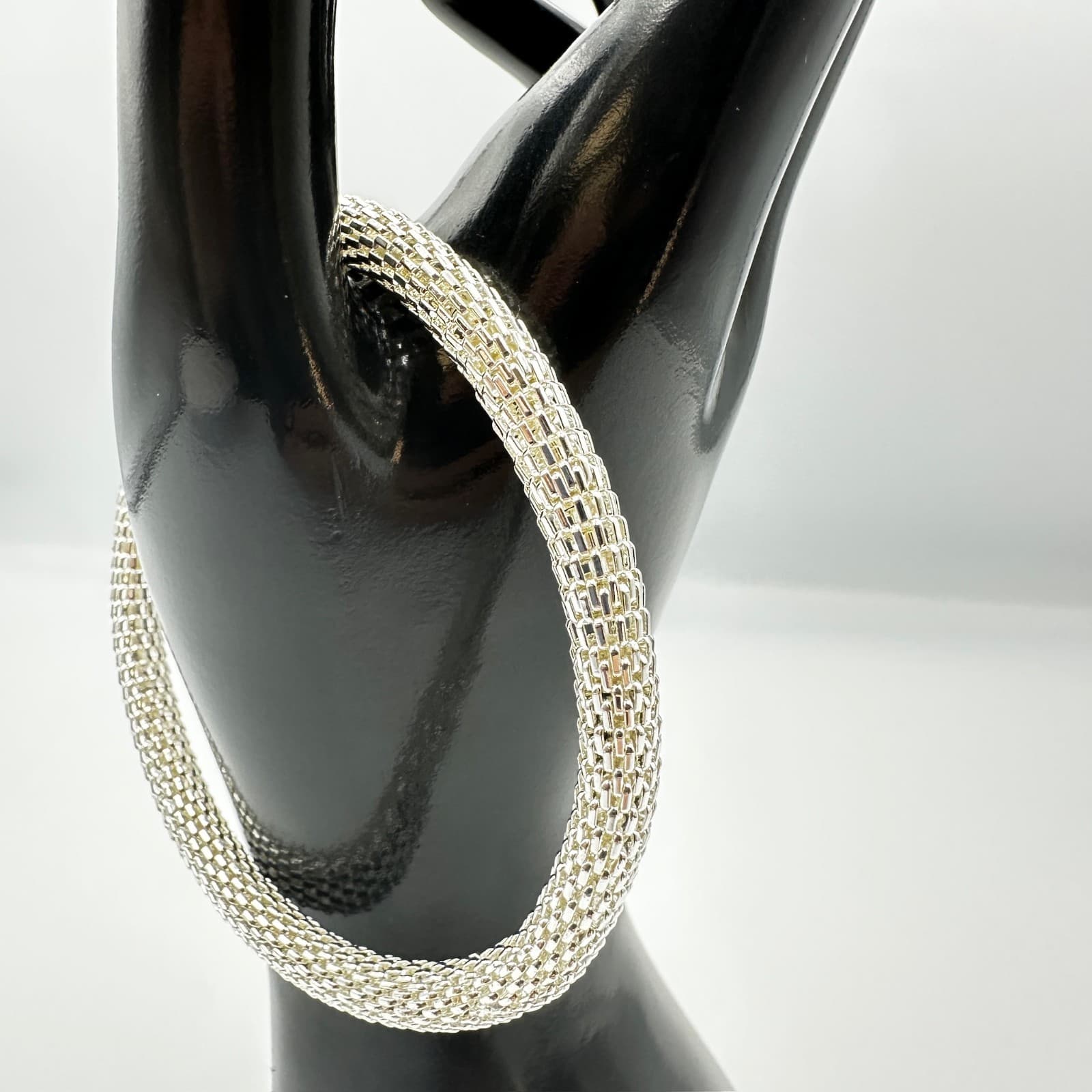 Vintage Silver-Tone Wide Mesh Chain Cuff Bracelet Unisex - Thumbnail 4