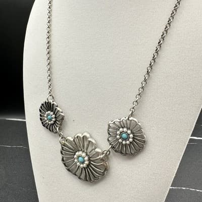 Vintage Silver-Tone Classic Adjustable Turquoise Pendant Lobster Necklace - Thumbnail 4