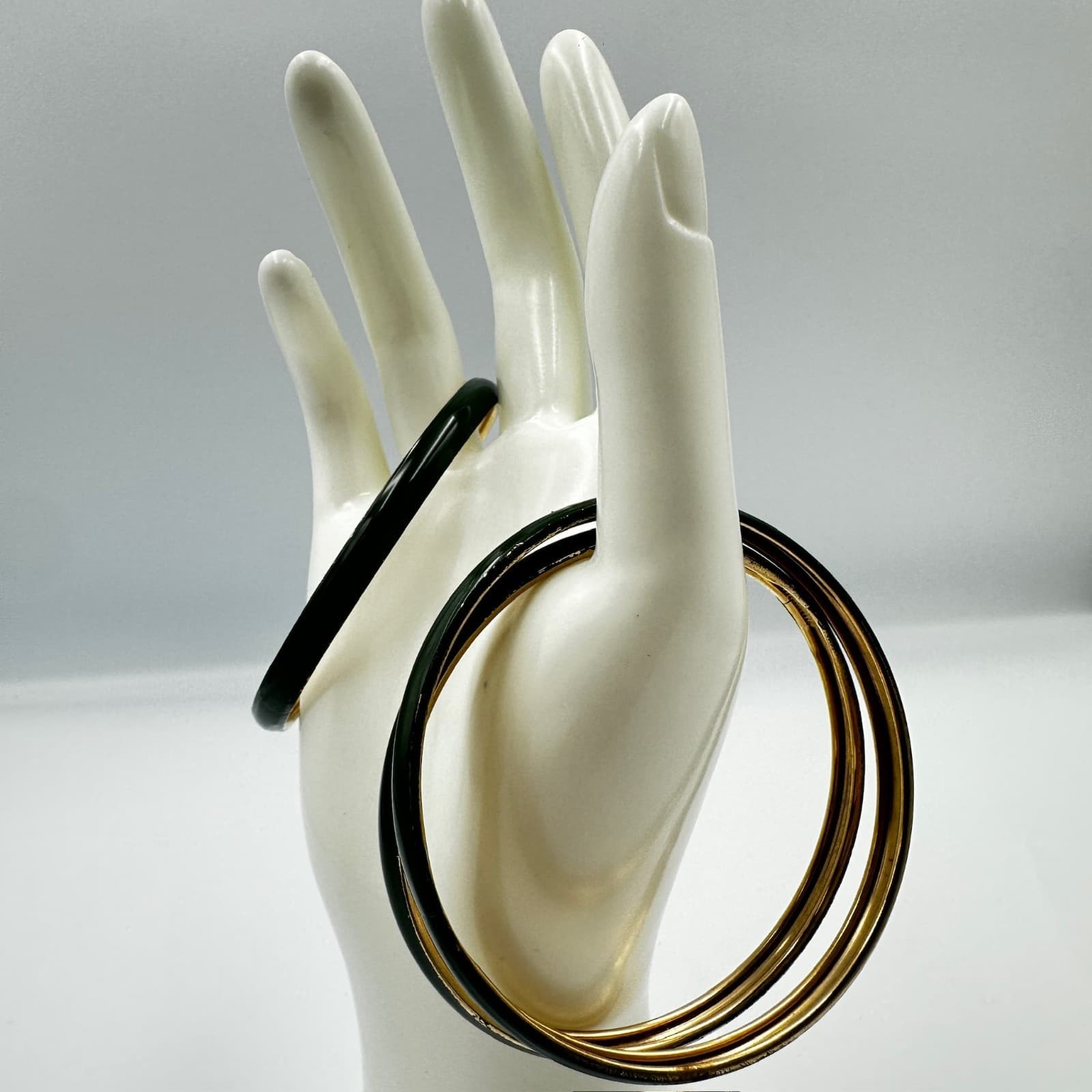 Vintage Green Enamel & Gold-Tone Bangle Bracelet Duo - Thumbnail 3
