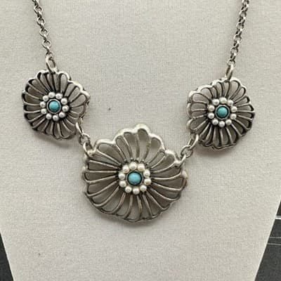 Vintage Silver-Tone Classic Adjustable Turquoise Pendant Lobster Necklace - Thumbnail 2