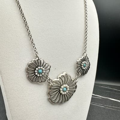 Vintage Silver-Tone Classic Adjustable Turquoise Pendant Lobster Necklace - Thumbnail 3