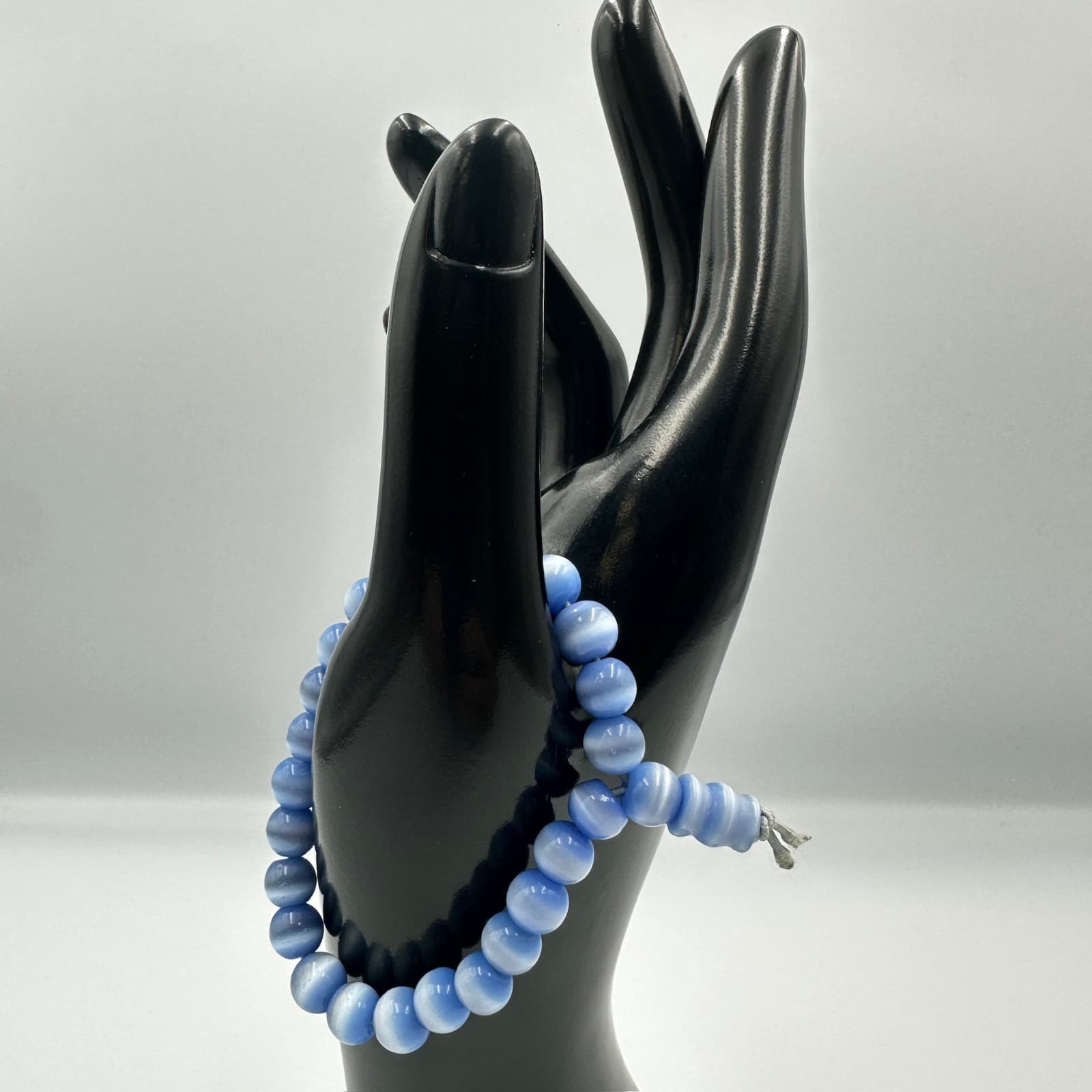 Blue Cat Eye Beaded Stretch Bracelet 8mm Round Fiber Optic Stone - Thumbnail 2