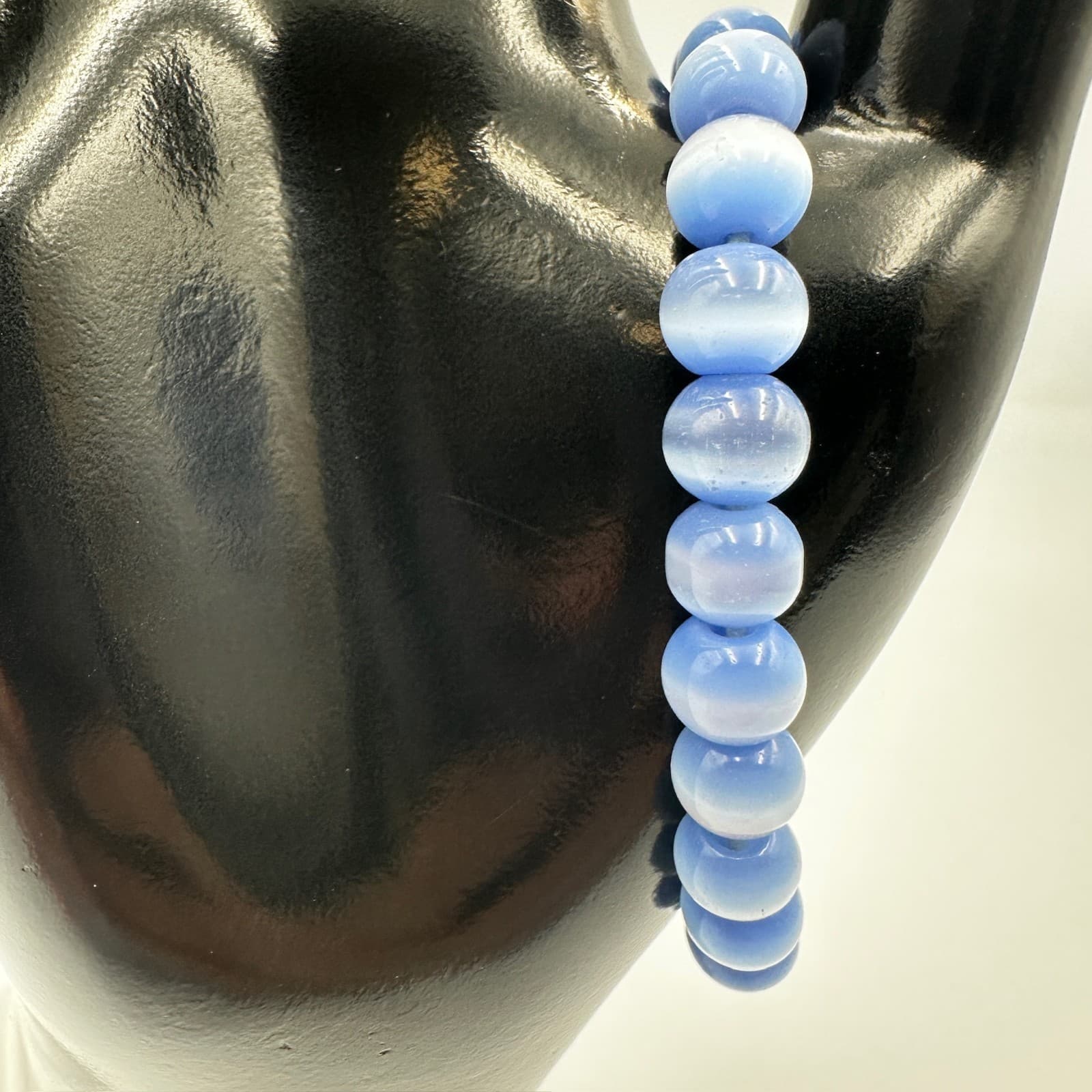 Blue Cat Eye Beaded Stretch Bracelet 8mm Round Fiber Optic Stone - Thumbnail 4