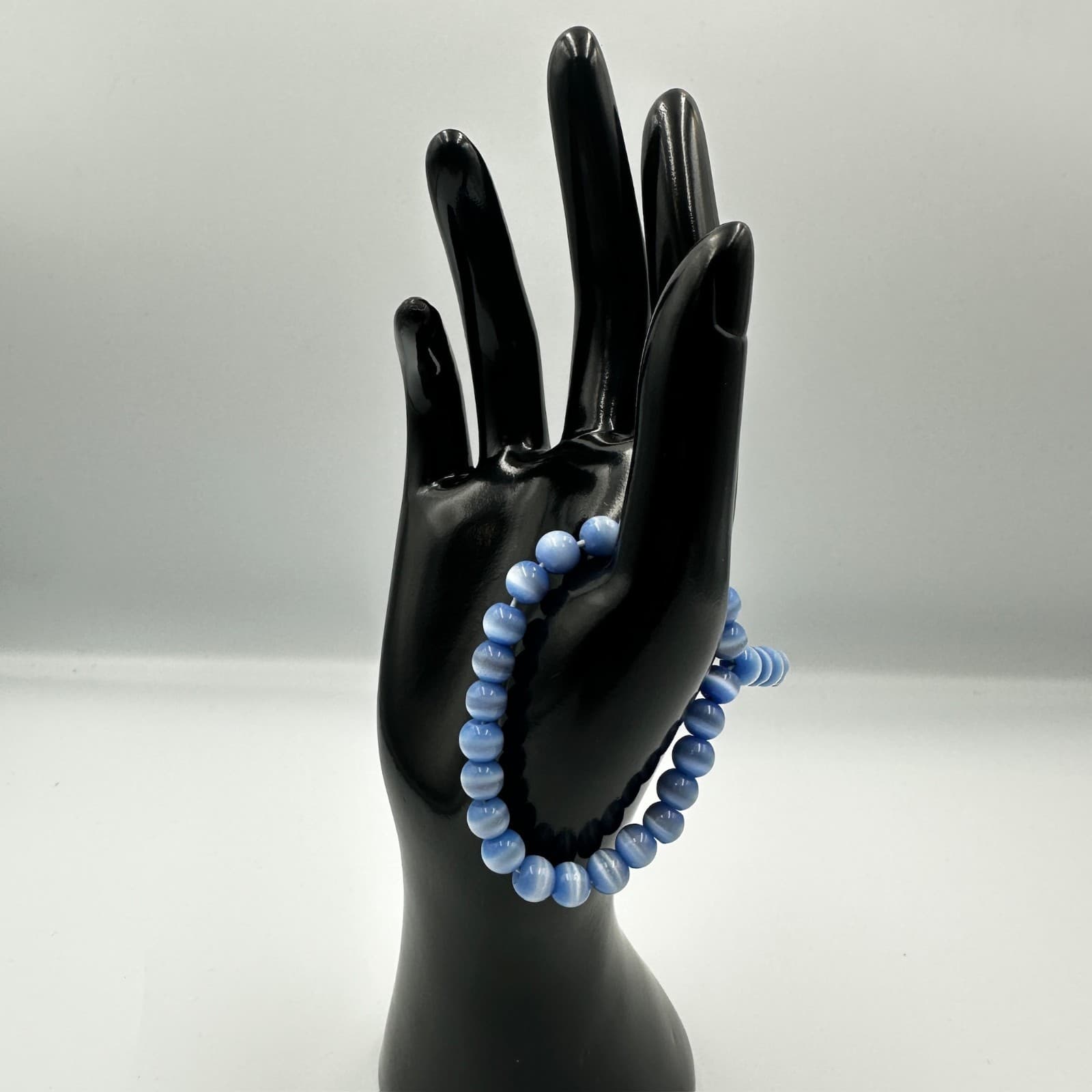Blue Cat Eye Beaded Stretch Bracelet 8mm Round Fiber Optic Stone