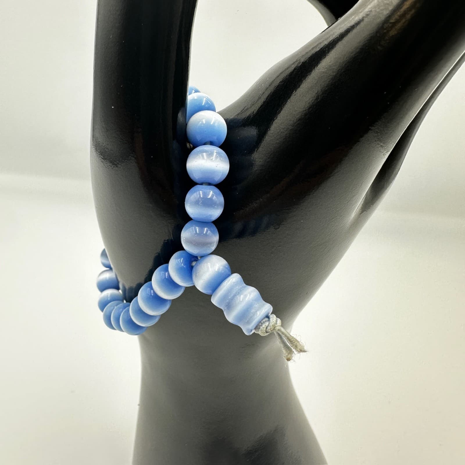 Blue Cat Eye Beaded Stretch Bracelet 8mm Round Fiber Optic Stone - Thumbnail 3