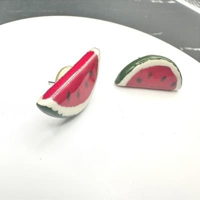 VTG Hand Painted Clay Watermelon Stud Earrings Fruit Food Resin Pop Art Fun - Thumbnail 2
