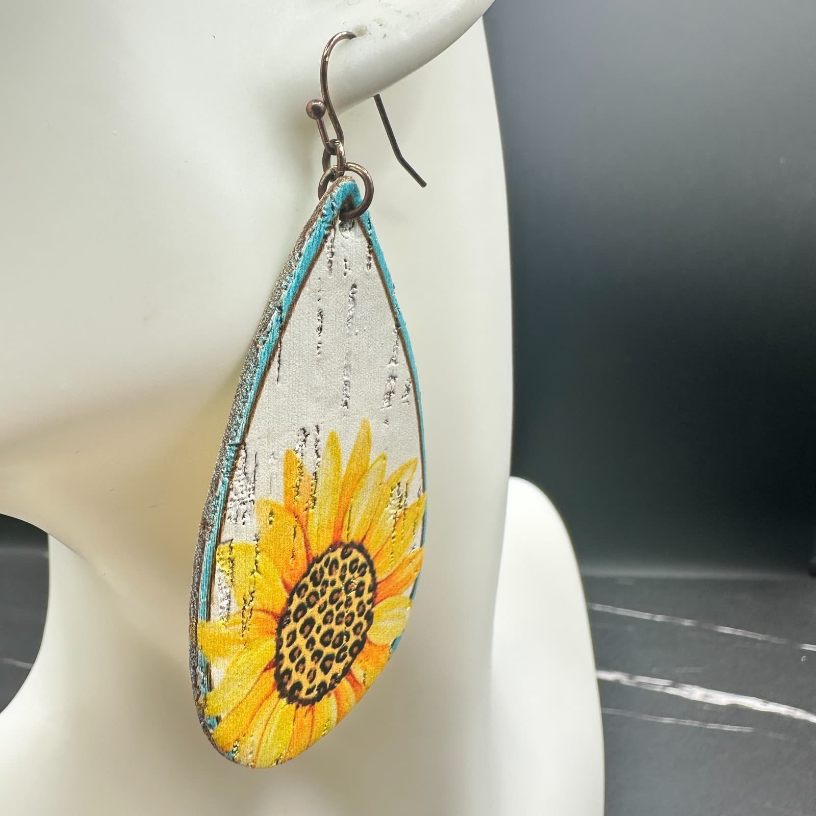 Sunflower Teardrop Dangle Earrings Wood Faux Leather Rustic Yellow Boho Country - Thumbnail 4