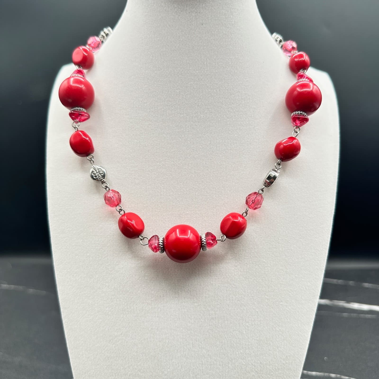 Vintage Guess Red Glass Pink Crystal Beaded Silver-Tone Necklace Bracelet Set - Thumbnail 2
