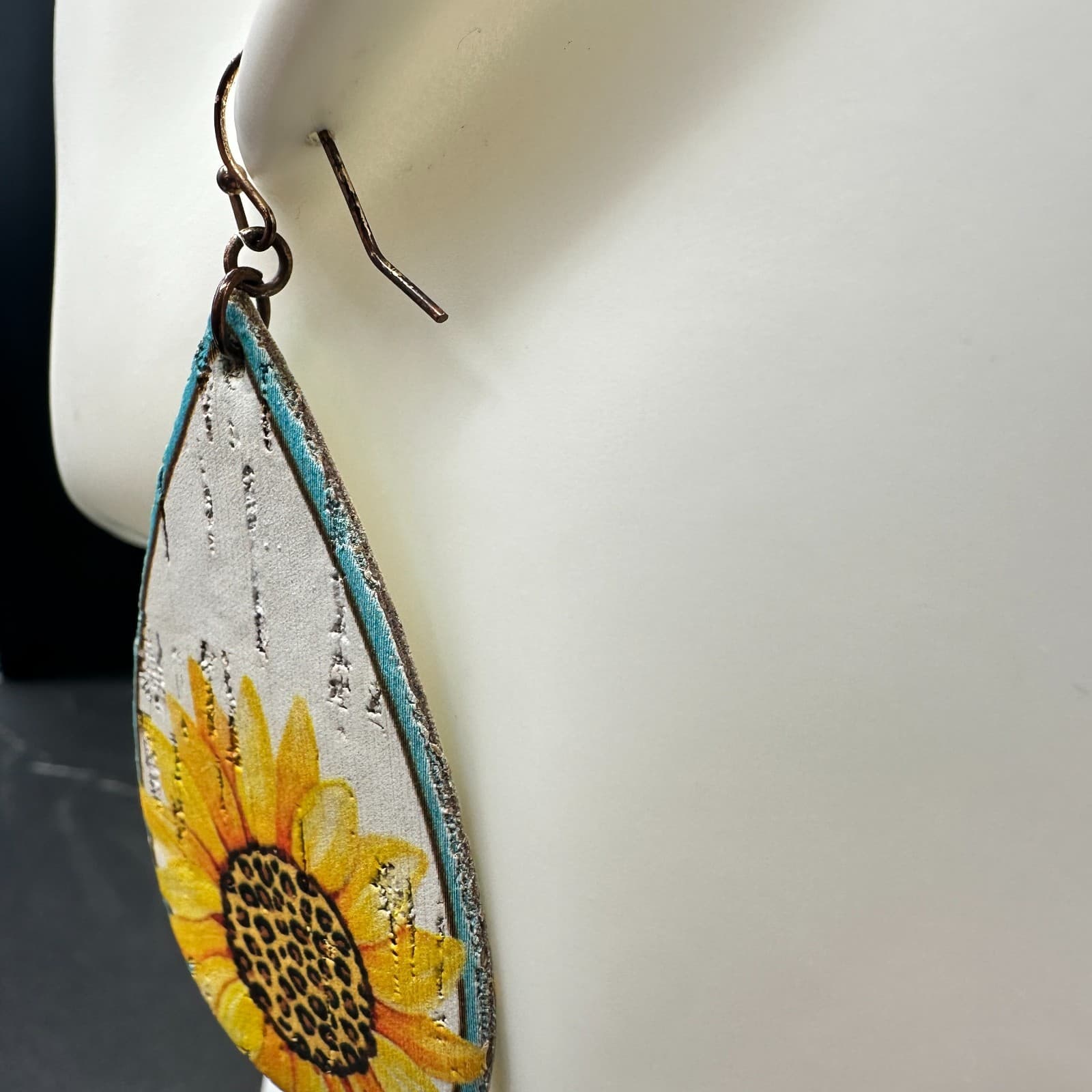 Sunflower Teardrop Dangle Earrings Wood Faux Leather Rustic Yellow Boho Country - Thumbnail 5