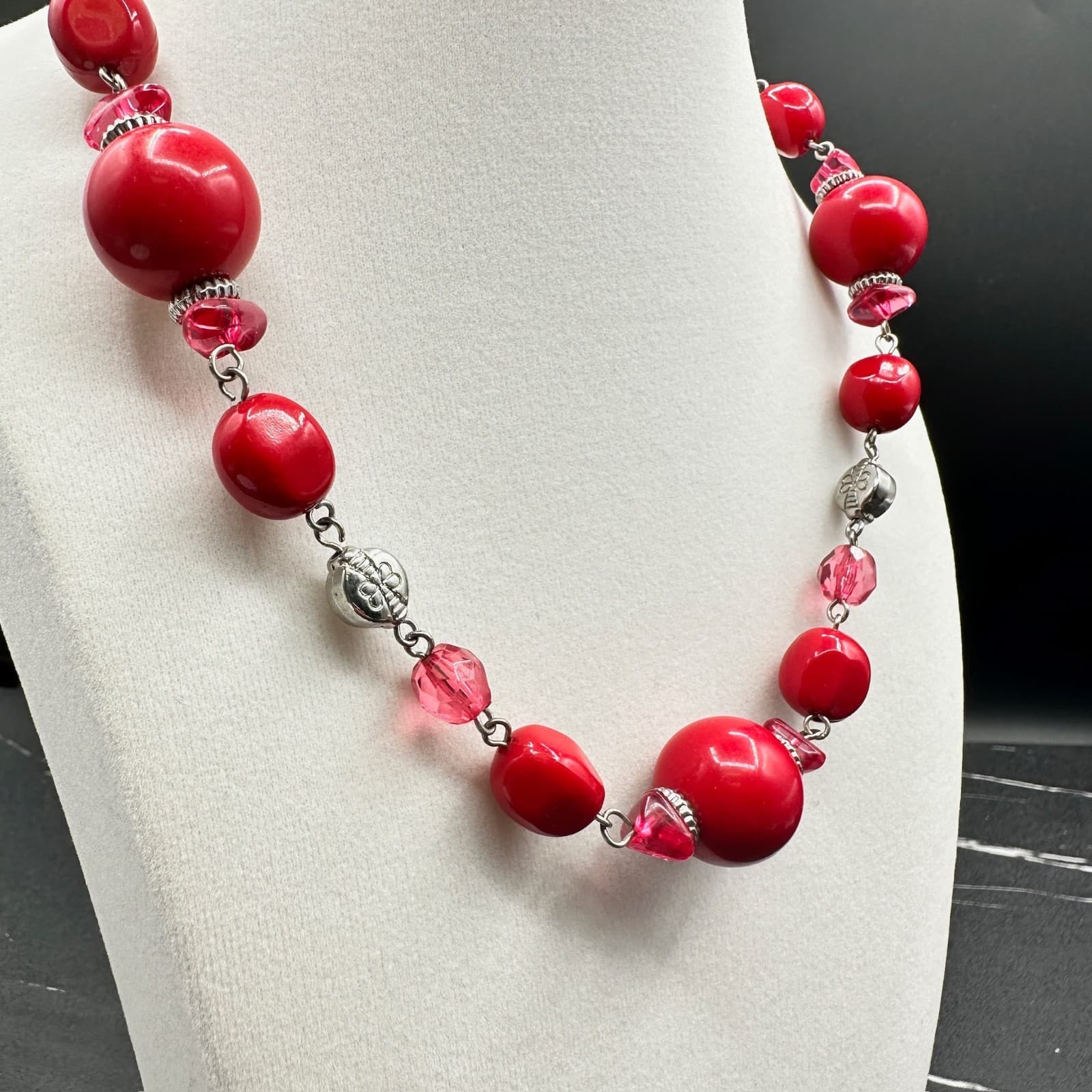Vintage Guess Red Glass Pink Crystal Beaded Silver-Tone Necklace Bracelet Set - Thumbnail 3