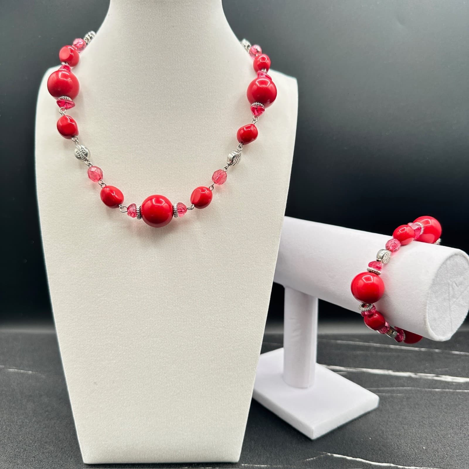 Vintage Guess Red Glass Pink Crystal Beaded Silver-Tone Necklace Bracelet Set