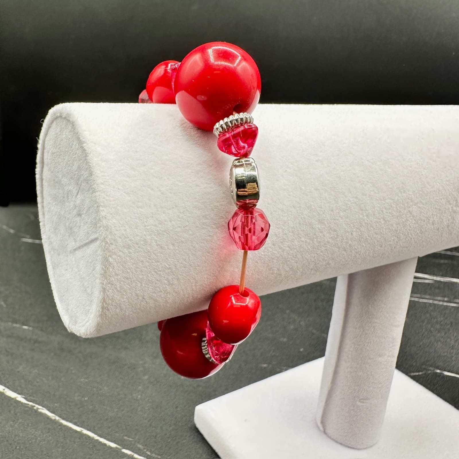 Vintage Guess Red Glass Pink Crystal Beaded Silver-Tone Necklace Bracelet Set - Thumbnail 9