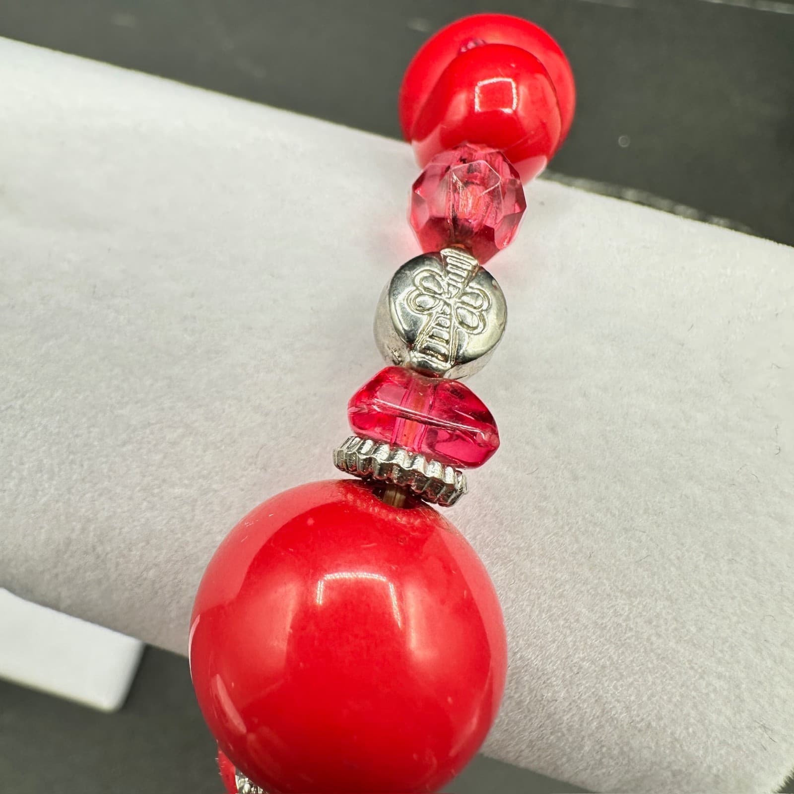 Vintage Guess Red Glass Pink Crystal Beaded Silver-Tone Necklace Bracelet Set - Thumbnail 10