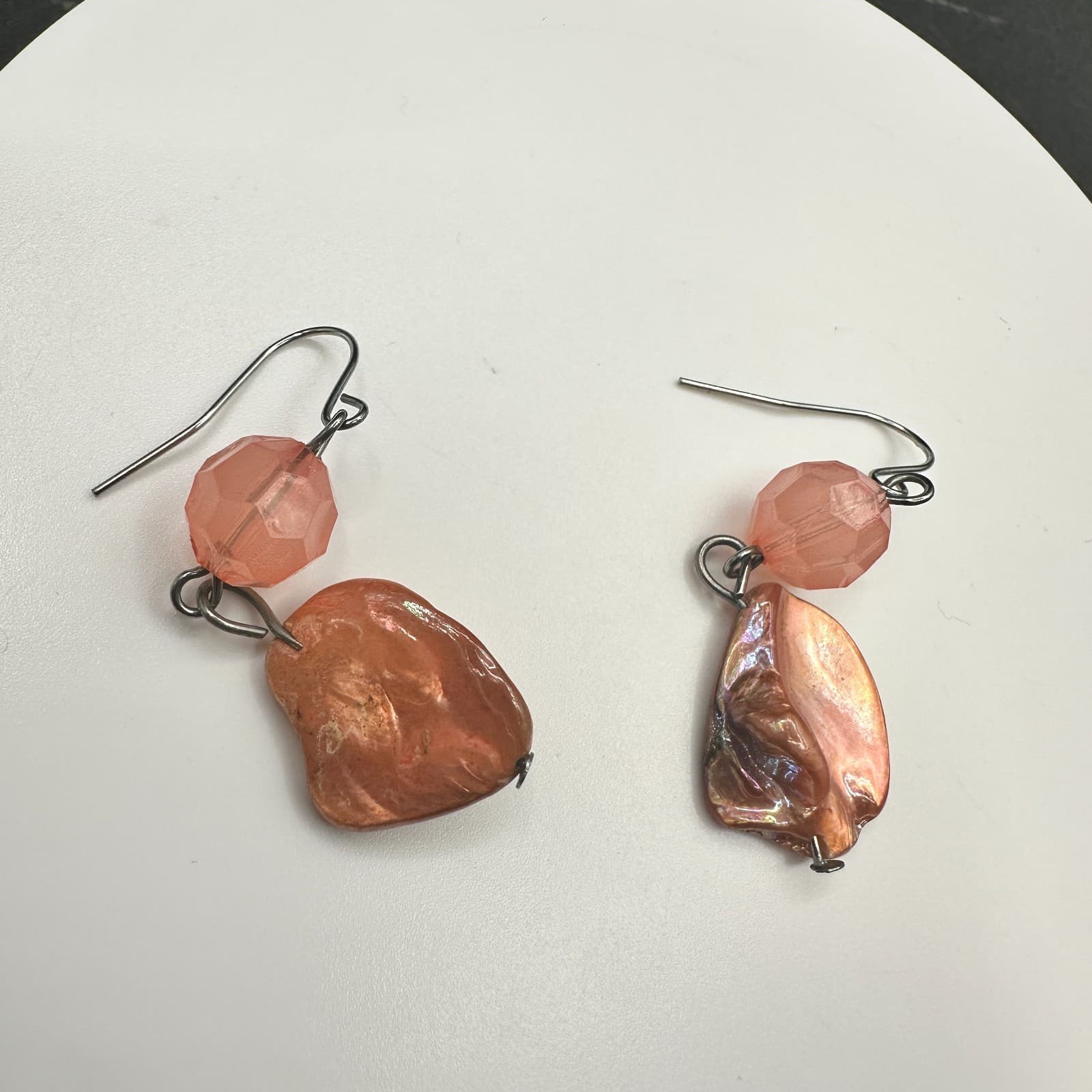 Mother of Pearl Shell Inlay Dangle Earrings Silver Tone Ornate Floral Drop - Thumbnail 6