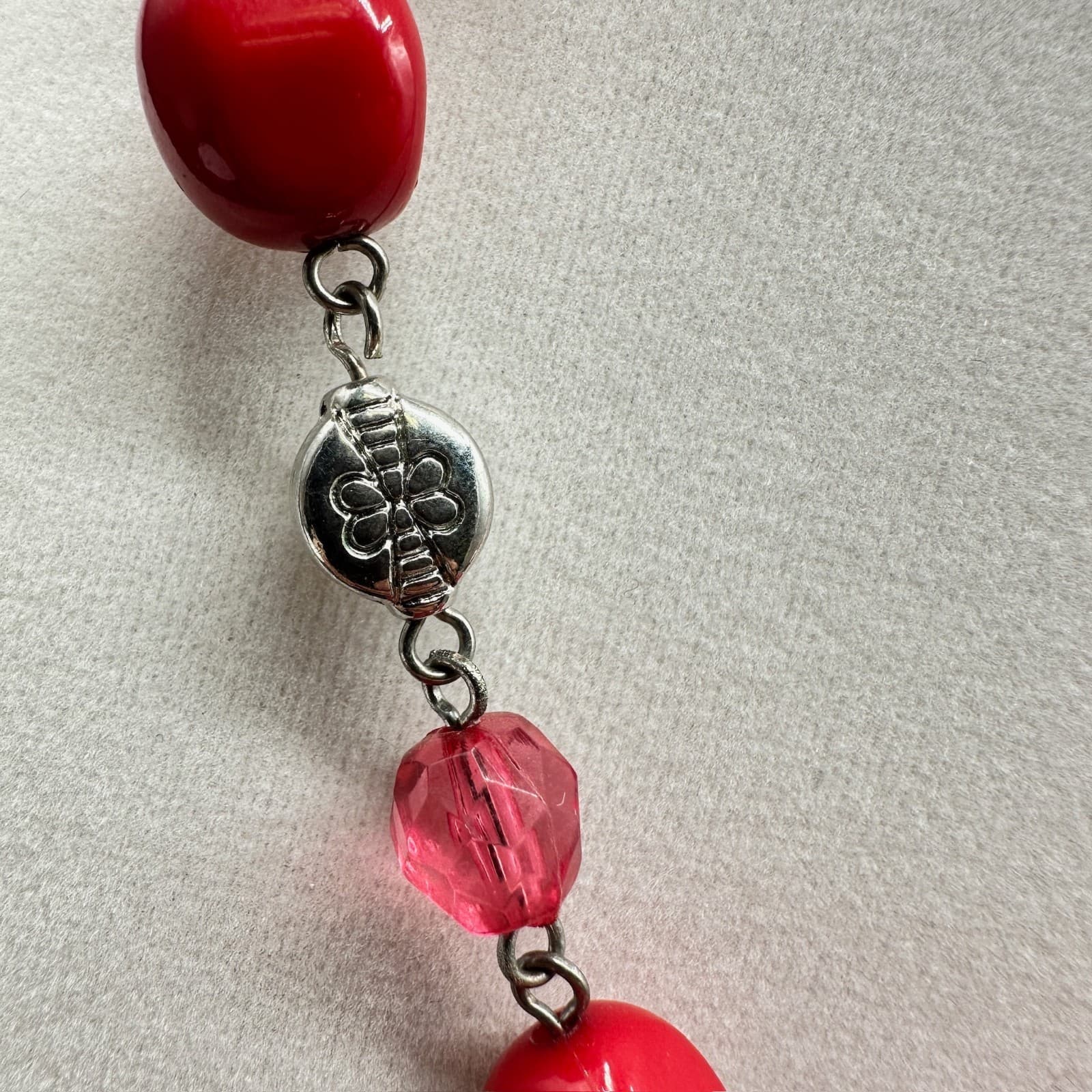 Vintage Guess Red Glass Pink Crystal Beaded Silver-Tone Necklace Bracelet Set - Thumbnail 5